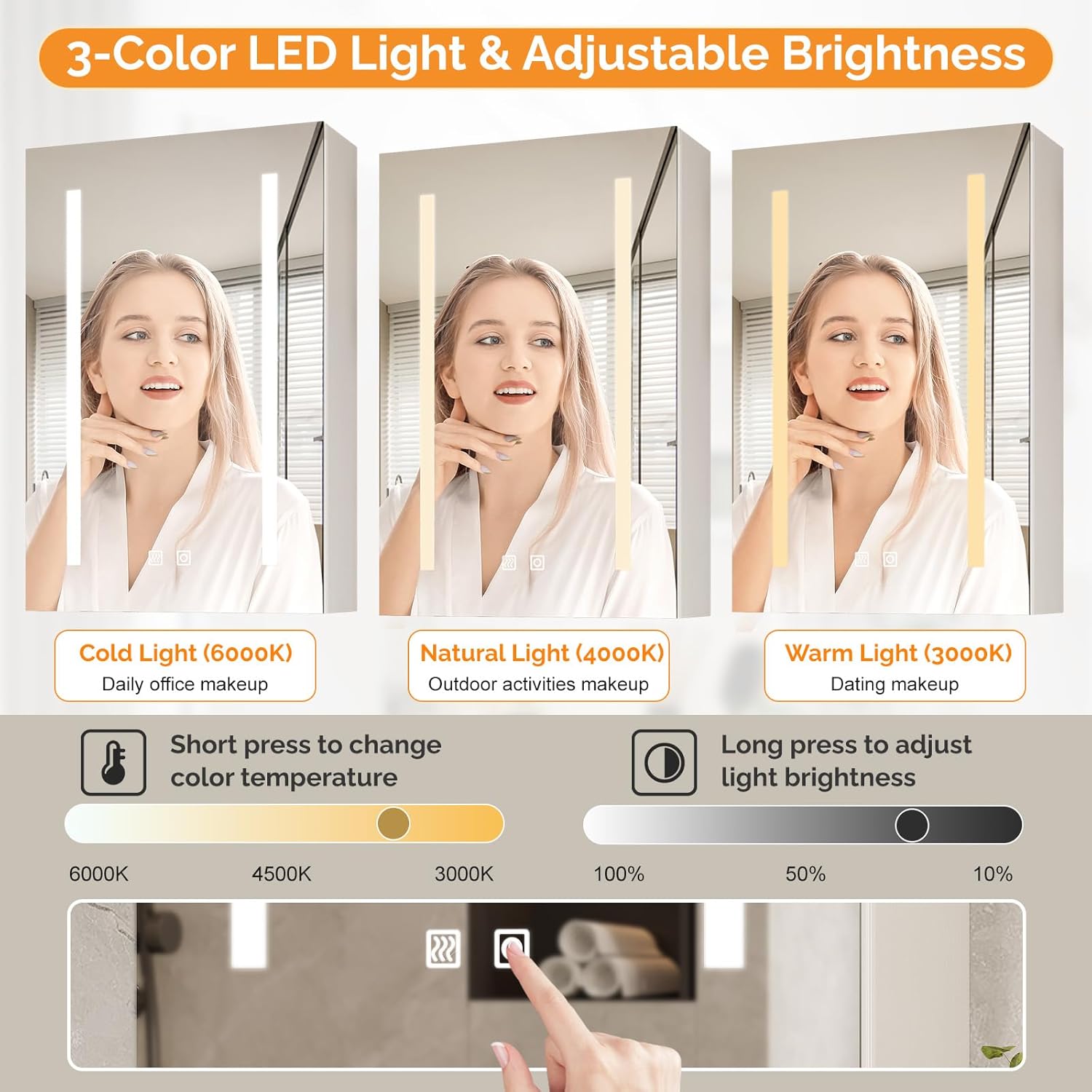 Diagram showing touch controls for 3-color LED light and adjustable brightness on the VINGLI medicine cabinet mirror.