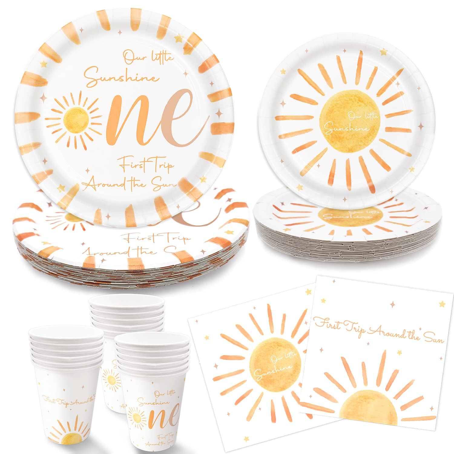 Oigco First Trip Around The Sun 1st Birthday Party Supplies Boho Party Plates and Napkins Set Includes Plates Cups Napkins for Baby Shower Party, Serves 24 Guests