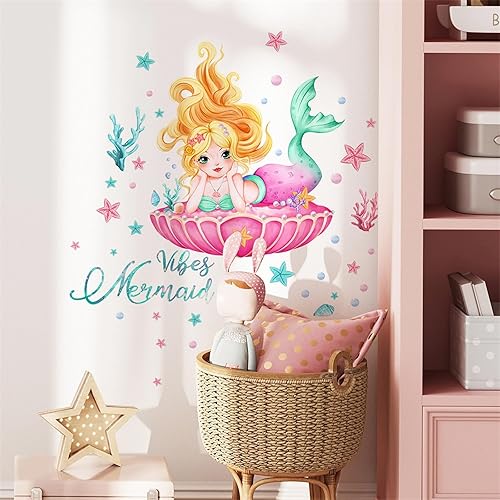 Miniatura 2 de Preciosas calcomanías de pared de niña sirena y plantas de agua de coral, calcomanías de pared de princesa sirena de sacinora para pared, vinilo