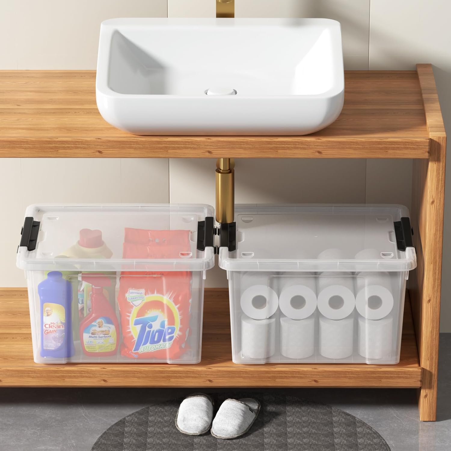 Sandmovie 6 Pack 22 Quart Clear Plastic Storage Bins with Wheels & Latching Lids - Stackable Organizer for Home, Dorm, Office & Pantry