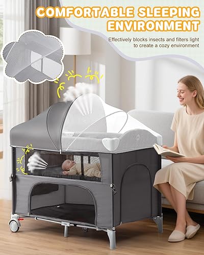 Miniatura 4 de Ktaxon Moisés 5 en 1, Pack and Play, cuna de noche con cambiador de pañales, cesta de almacenamiento espaciosa, mosquitera protectora, barra de