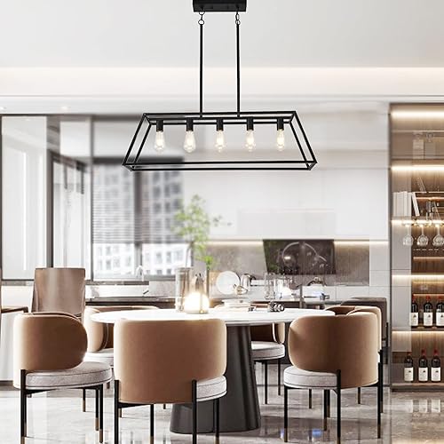Miniatura 6 de HQZBPT Candelabros rectangulares de granja para comedores, lámpara colgante lineal moderna color negro mate, 5 luces, iluminación colgante