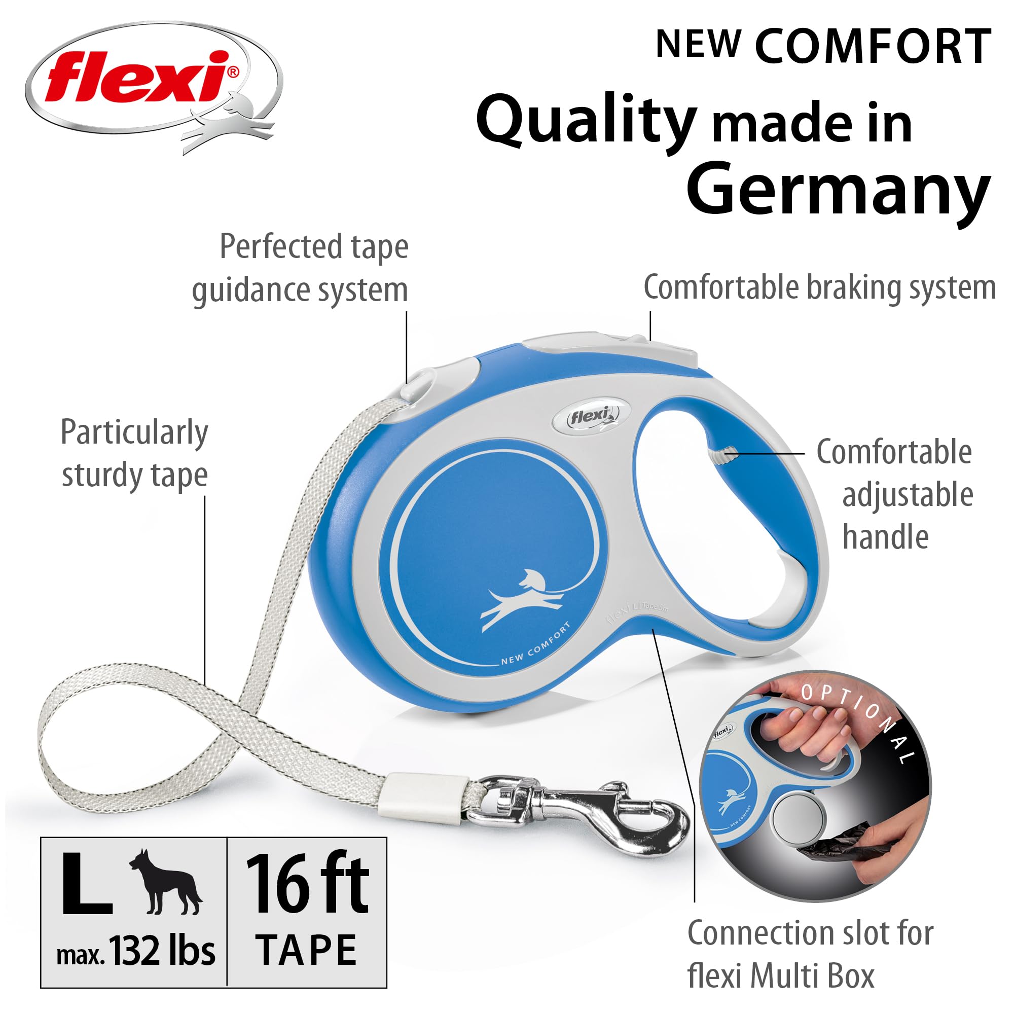 FLEXI New Comfort - Correa retráctil para Perro (Cinta), ergonómica, Duradera y sin enredos, para Perros de hasta 130 Libras, 16 pies, Grande, Azul/Pastel