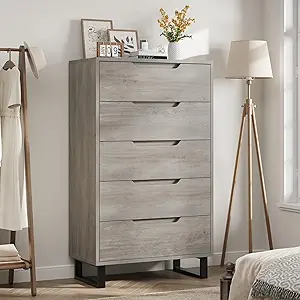 GarveeHome 5 Dresser for Bedroom, 50" Tall Dresser, Freestanding Vertical Drawer with Storage, Wooden Closet Chest Storage for Living Room, Hallway, Entryway, Ash Grey