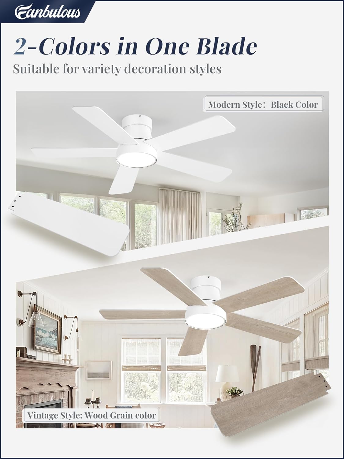 Fanbulous 42 Inch Ceiling Fans with Lights and Remote,Indoor Modern Flush Mount Ceiling Fan with 3CCT 6-Speed Quiet DC Motor,White Small Low Profile Ceiling Fan for Bedroom Living Room Office