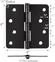 Vista 3 de Design House Bisagras para puerta interior, 4.0 in. x 4.0 in., Redondeado, 1/4-pulg Radio, Acero, Pre-Lubricado, Herrajes para Puerta, Negro Mate
