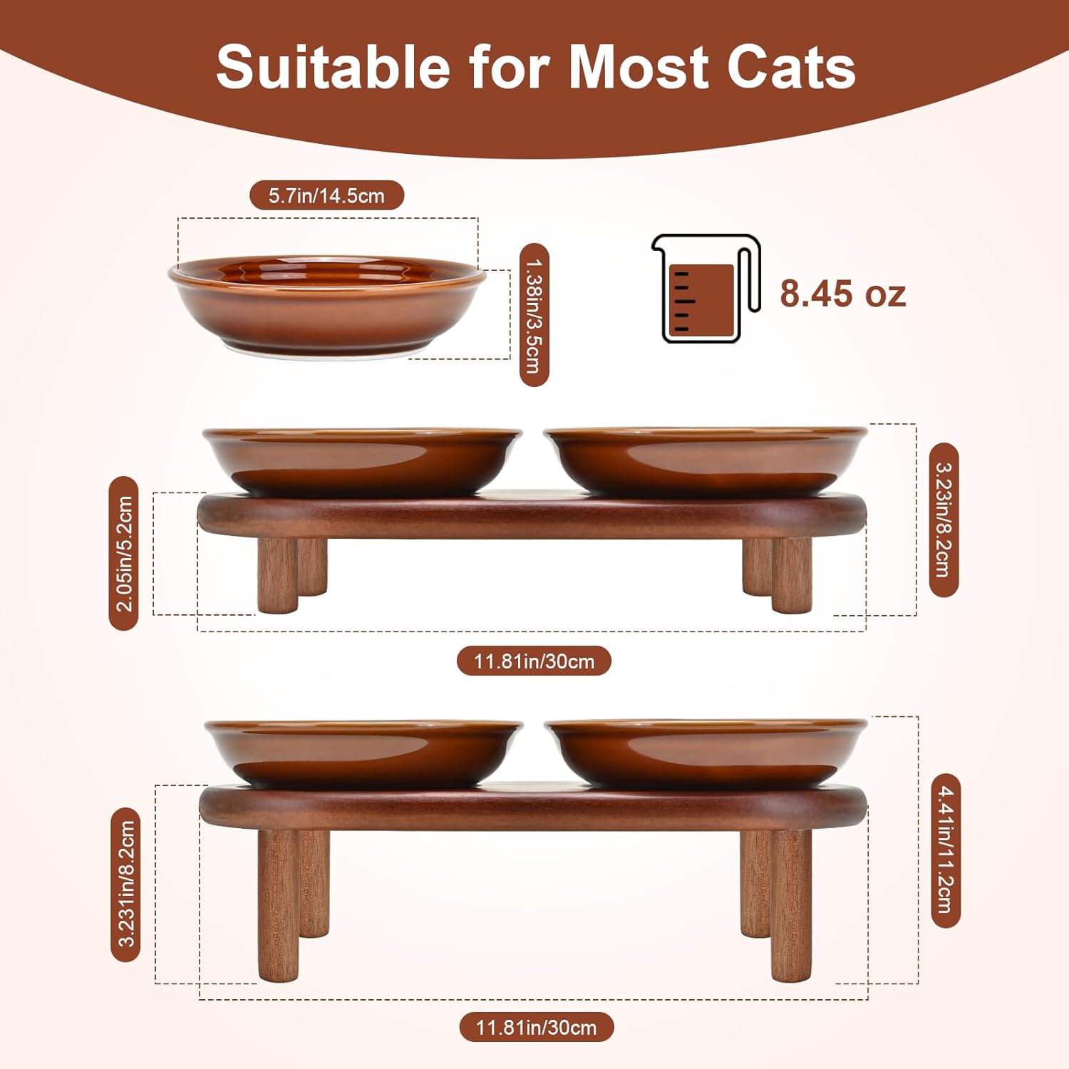 SPUNKYJUNKY Shallow Elevated Cat Bowl with Acacia Wood Stand Wide Raised Ceramic Cat Dishes Whisker Friendly Pet Food and Water Plates (Striped Pattern, Brown)