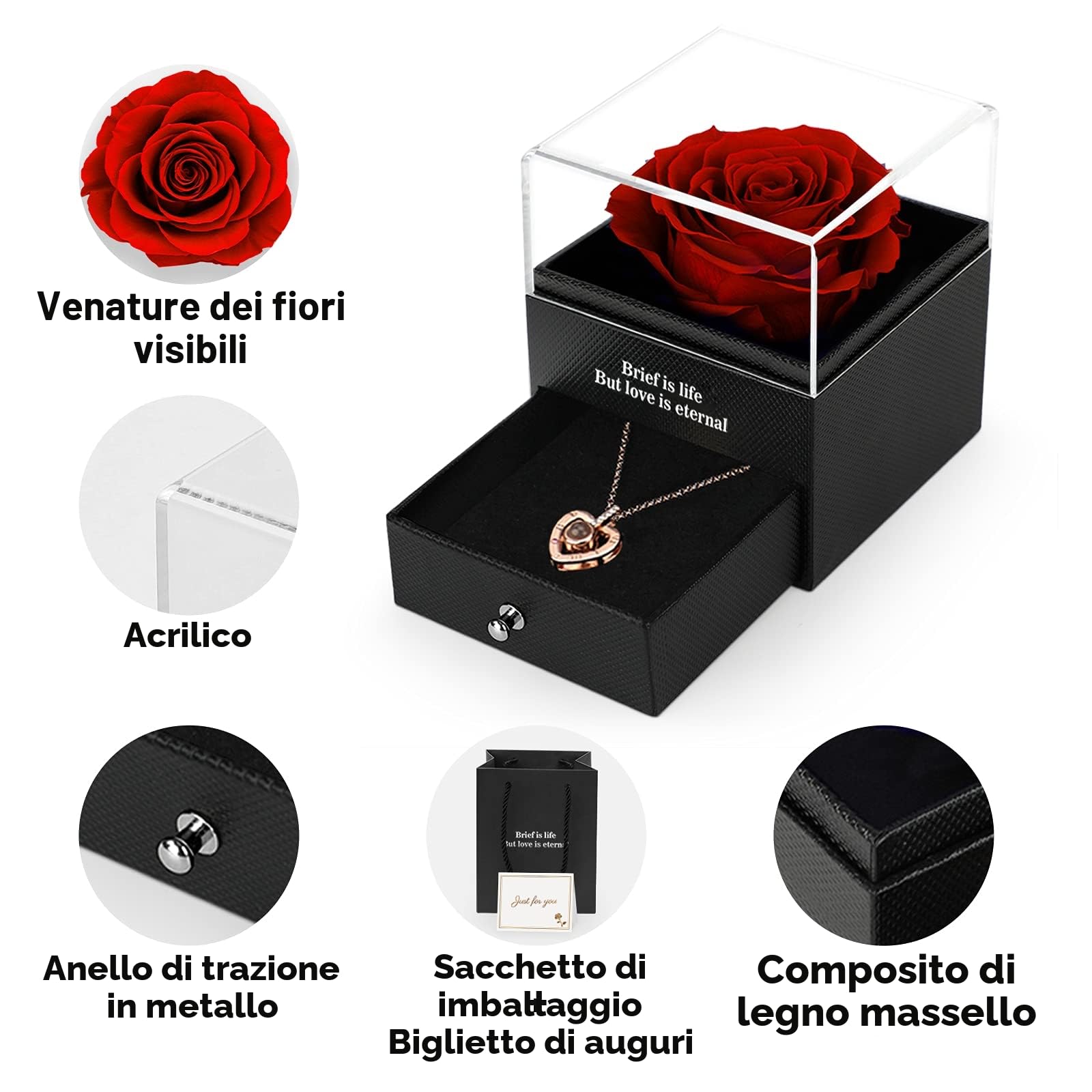 Rosa Stabilizzata Vera, Con Collana I Love You, Regalo Fatto a Mano Con Vera Rosa Eterna Per la Sua Donna,Moglie,Fidanzata,Madre,Per Compleanno,Anniversario,San Valentino,Festa Della Mamma,Natale
