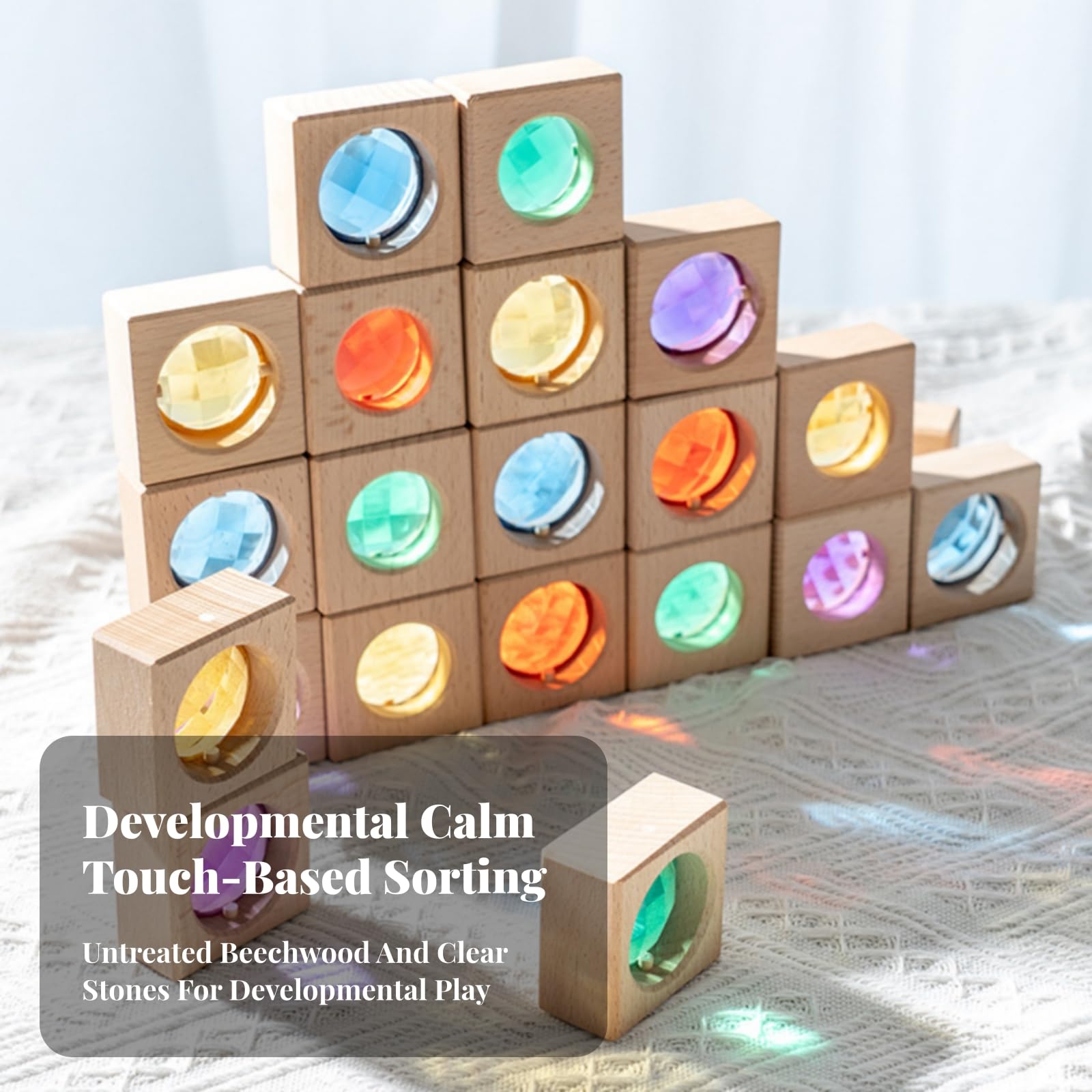 15 Pezzi Gioco Costruttivo in Legno | Non Verniciato, Atossico, Set di Blocchi con Scatola e Cordoncino, per Asilo, Trans 15 Gem