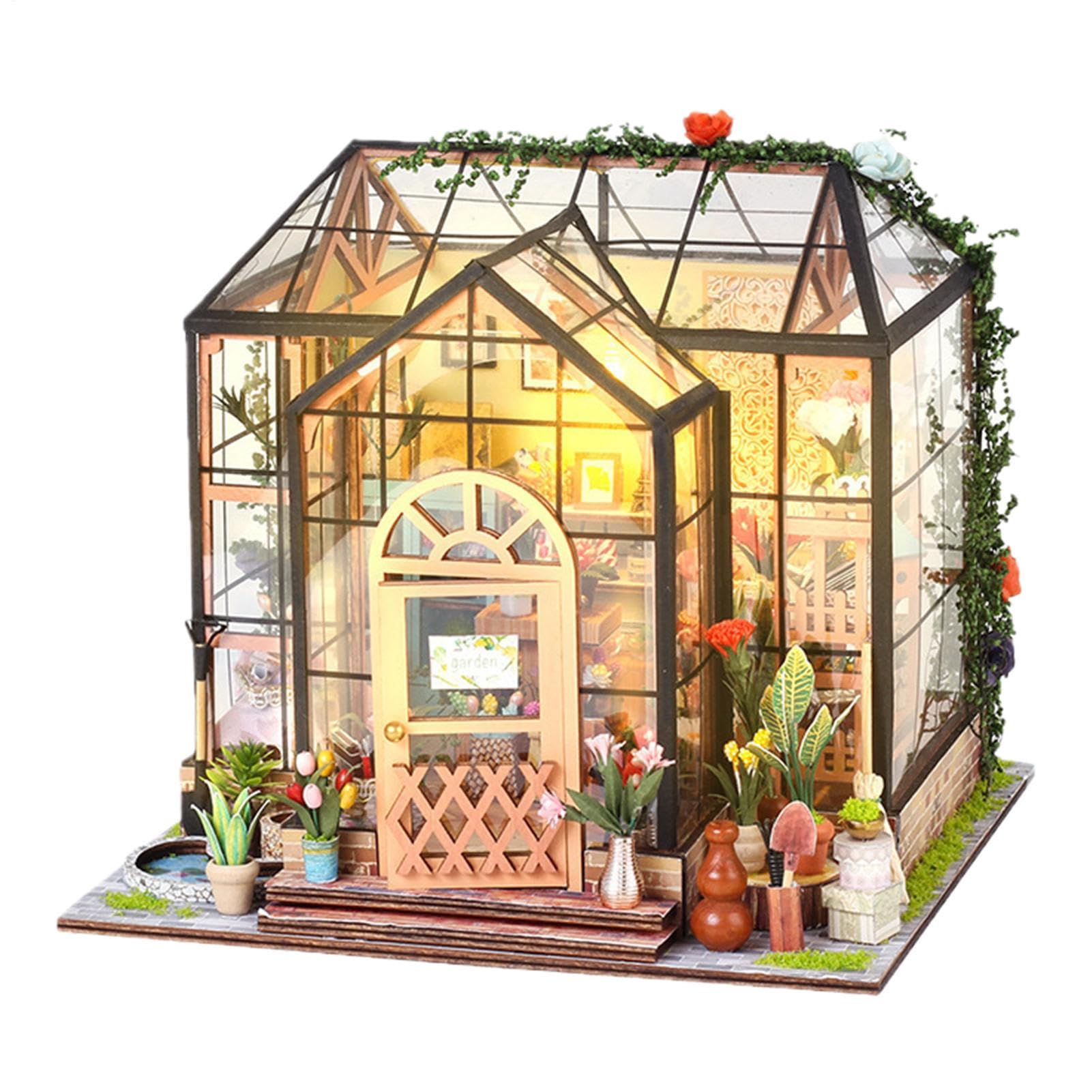 Kit Casa delle Bambole in Miniatura da Costruire Set Decorazione | Kit 3D Serra Domestica Adulti Adolescenti Scaffali Librerie e Camera da e Stanza per Natale