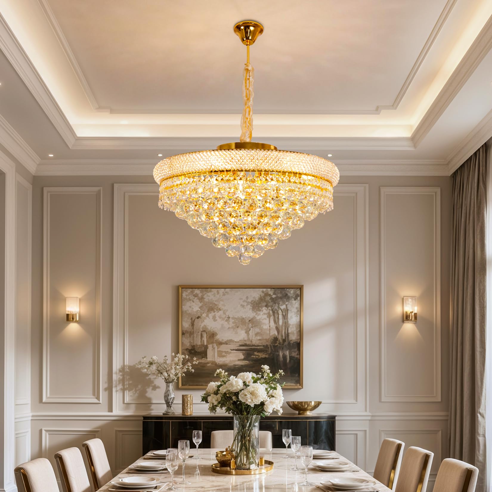 Lámpara de Araña de Cristal Moderna Dorada: Lámpara de Techo Redonda para Salón, Dormitorio, Comedor y Restaurante, Iluminación Interior de Cristal, Incluir E14 x 9, Ø 62 cm