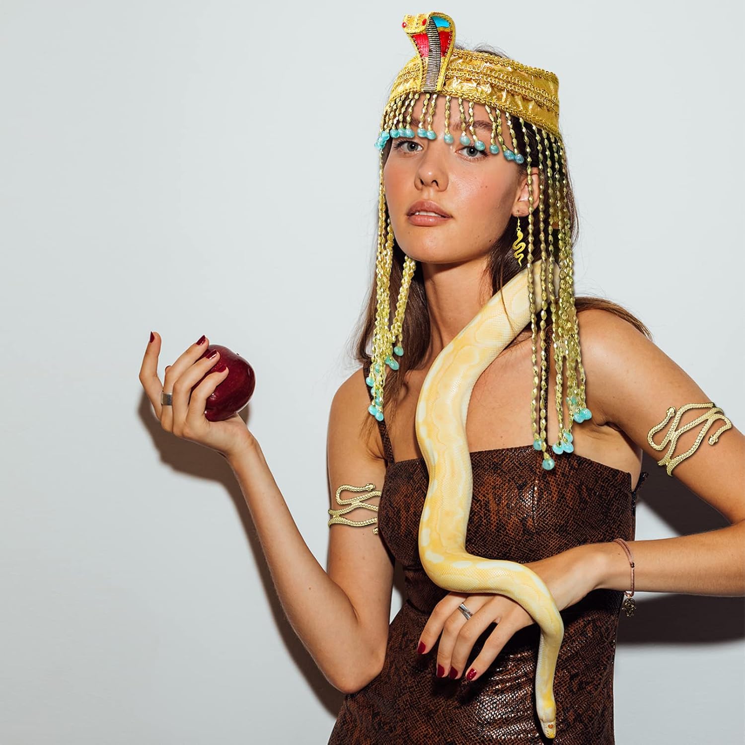 RechicGu 4 Pieces Egyptian Cleopatra Princess Costume Accessories Headband Beaded Snake Arm Cuff Headpiece Hair Crown Head dress Set Women - Image 7