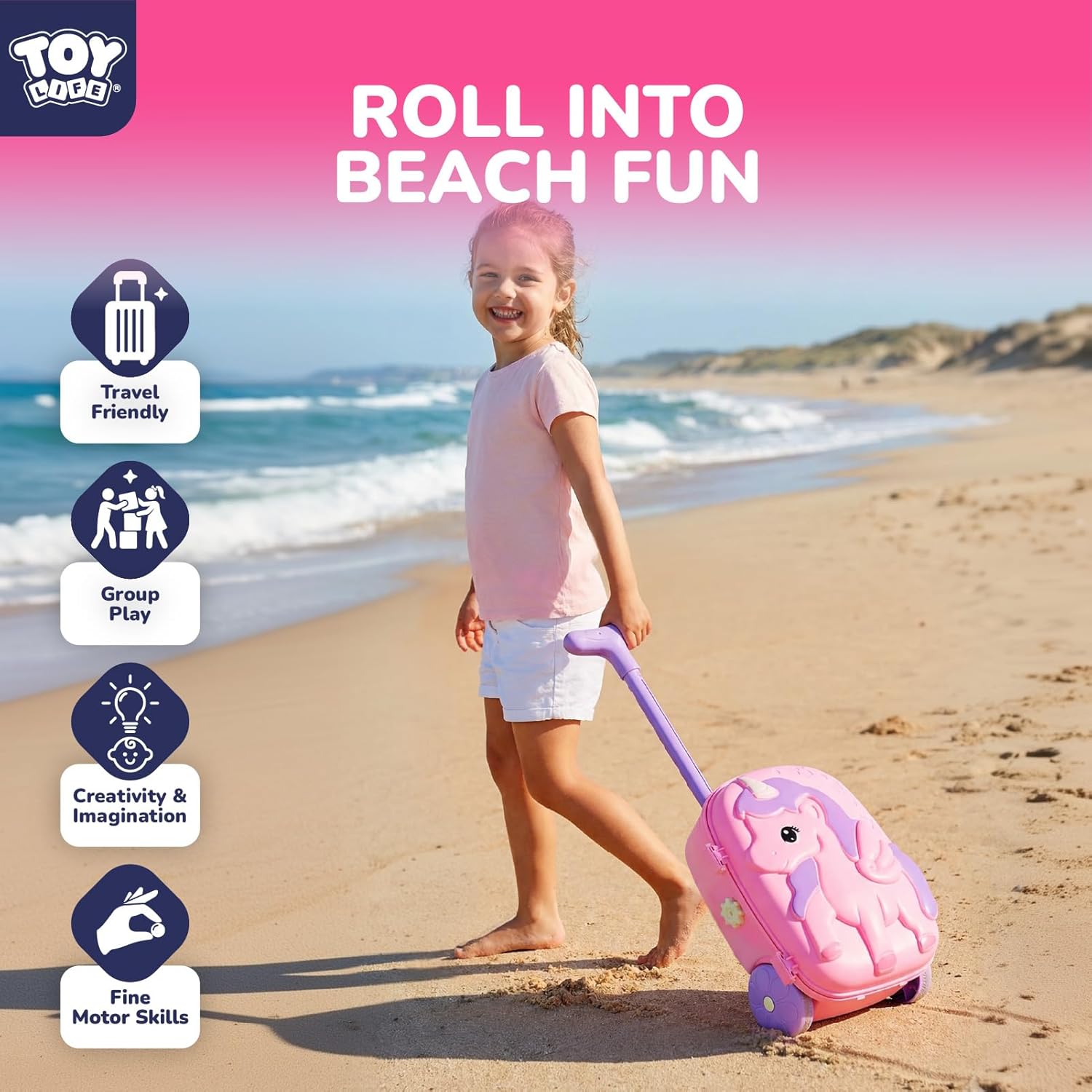 TOY Life Unicorn Suitcase Travel Sand Toy for Kids Beach Toy with Luggage with Wheels, Water Gear STEM Play Water Table, Shovels, Can, Sand Molds, Sandbox Beach Summer Toys for Toddlers Ages 3-8