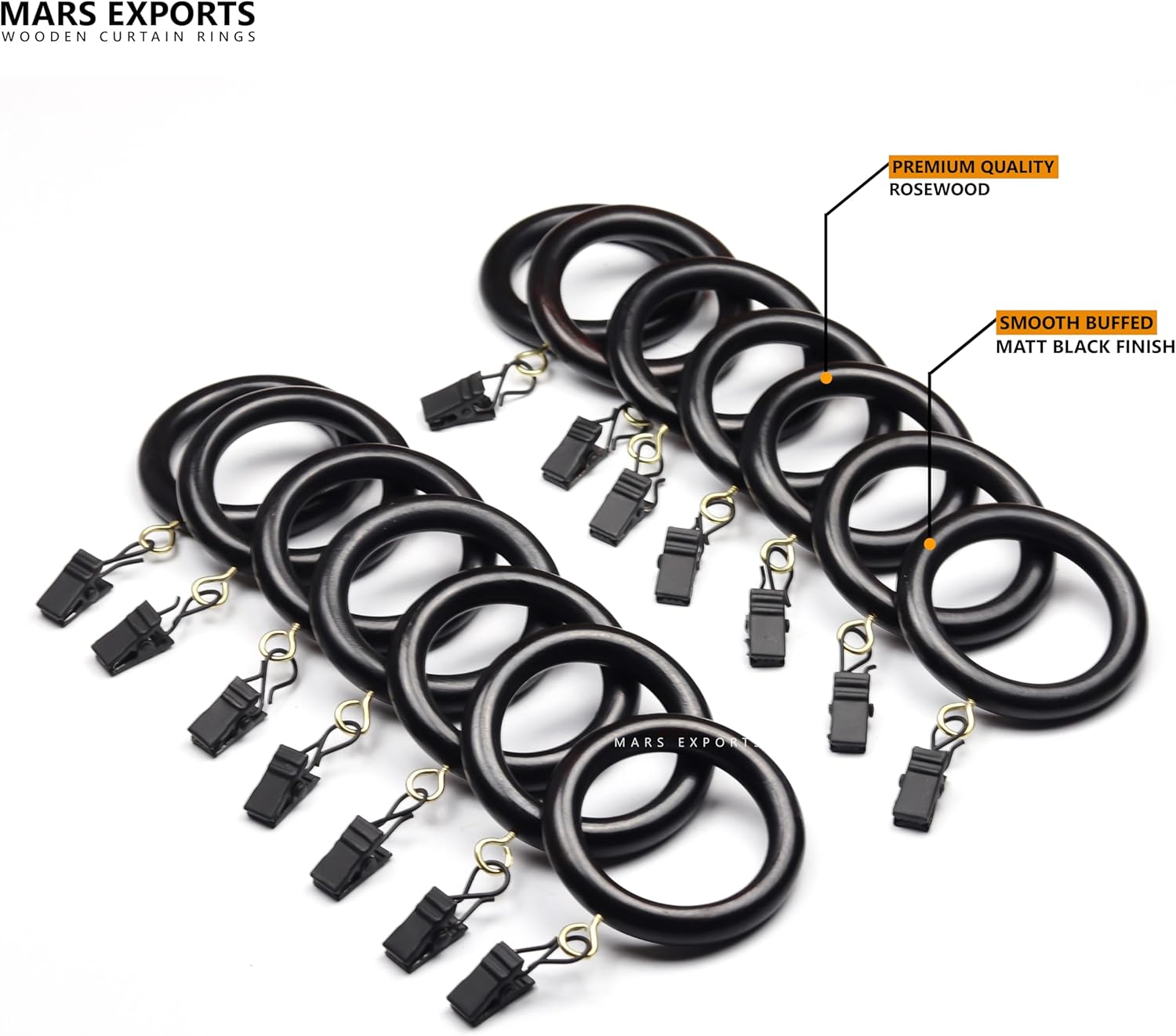 50 Pieces Curtain Rings with Clips Wooden for 1-1.5 inch Rod, Window Shower Curtain Hooks, Dark Wood Curtain Rod Rings with Clips, Wood Curtain Rings with Eyelet, Drapery Rings. (50)
