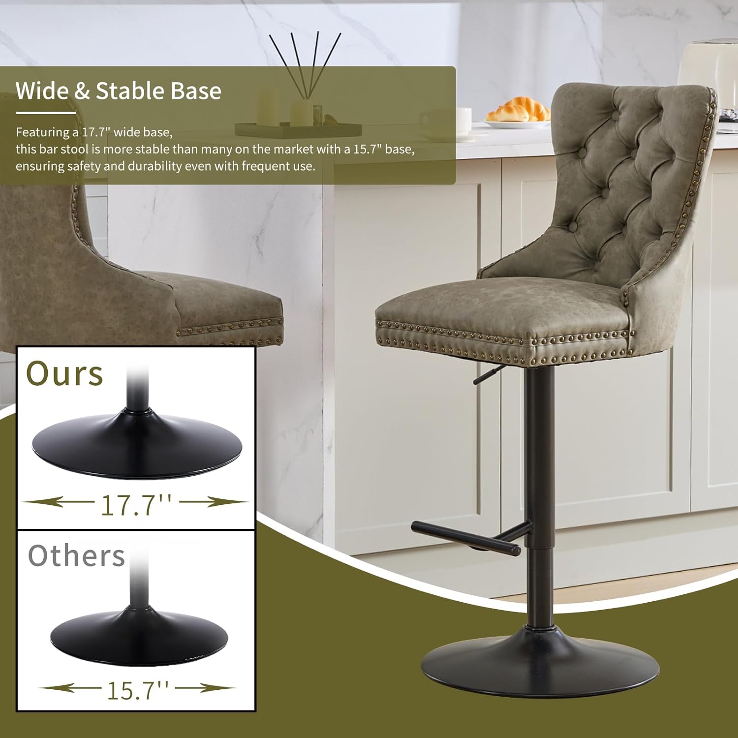 Adjustable PU Leather Bar Stools with Button-Tufted Back and Nailhead Trim, Swivel Counter Height Bar Chair for Home Pub or Kitchen Island, Easy Assembly, Olive Green, Set of 4