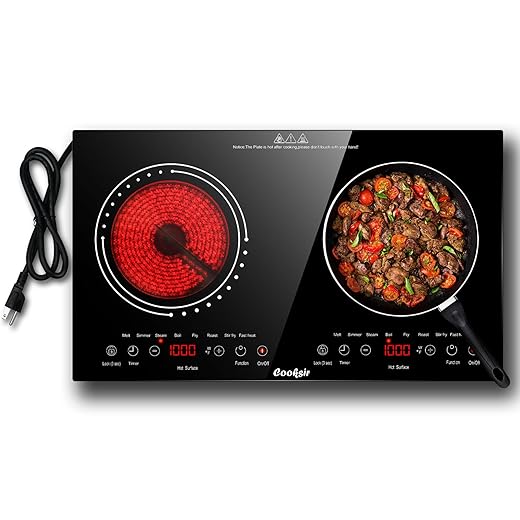 2 Burner Electric Cooktop - 24 Inch(23.6"x 13.8") Built-in & Countertop Electric Stove Top, 120V Double Burner Ceramic Cooktop Portable with Safety Lock, Timer, Touch Control, 110V Plug in