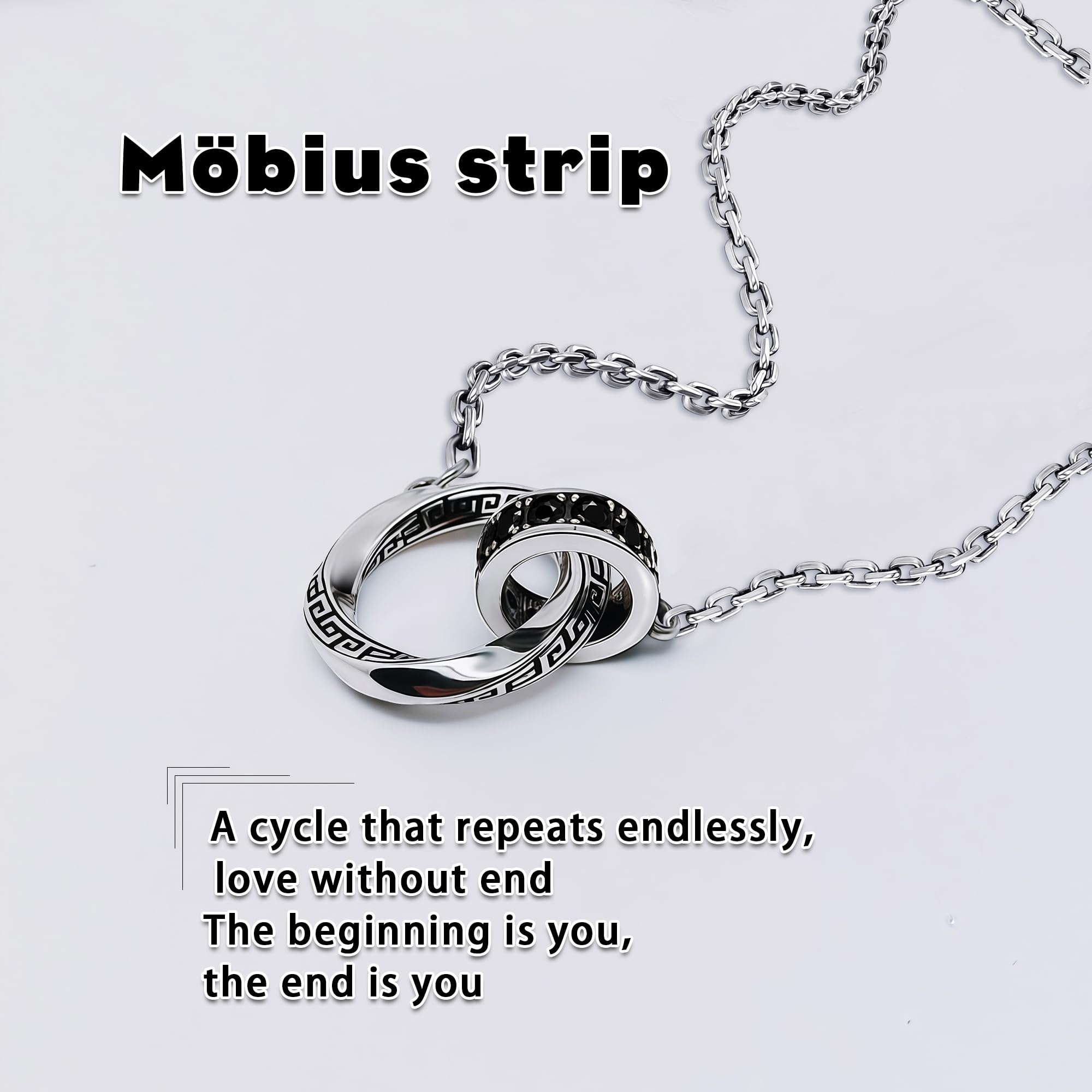 Möbius Strip Men's Necklace, Double Ring Black Onyx Pendant Necklace for Men, Silver Interlocking Circle Mens Necklaces holiday,Jewelry Gift for Him Boyfriend Husband (22+2Inchs)