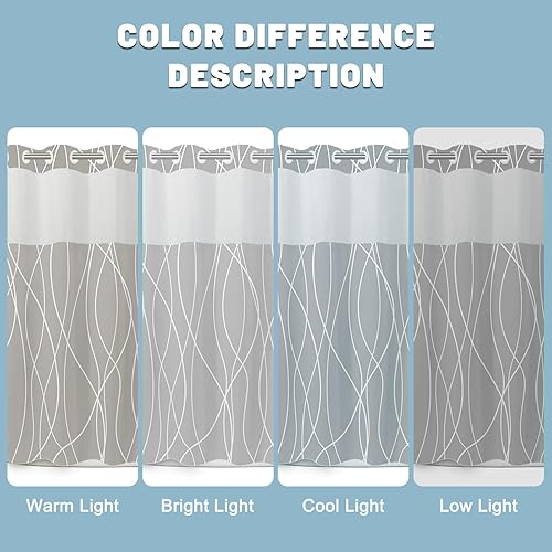 Miniatura 6 de Juego de cortina de ducha a rayas gris claro sin gancho con forro de tela a presión, juego de cortina de ducha de hotel y forro con ventana superior