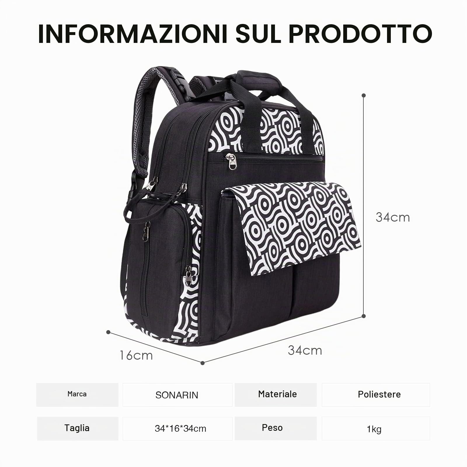 SONARIN Zaino Fasciatoio Multifunzione Portatile,Grande Capacità Borsa per Pannolini Zaino Mamma Neonato Borsa Fasciatoio da Viaggio con Fasciatoio & Borsa per Bottiglia & Tracolla