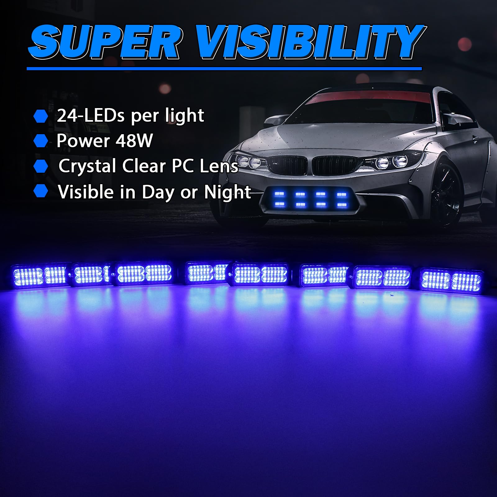 Luces estroboscópicas LED azules 8 en 1 con controlador estroboscópico de 9 teclas, 8 luces LED de advertencia de emergencia, montaje en superficie, luces LED intermitentes para camiones,