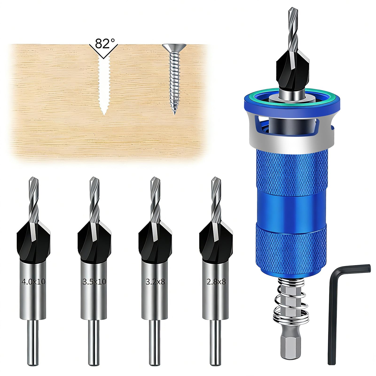 6 tlg Kegelsenker Bohrer Se,Präzise Bohrungen Bohrsenker,mit 1/4" Hex Schaft,Senker Holzbohrer mit Tiefenanschlag,Gleichmäßige Bohrungen Zu Erzielen Automatisches Upgrade(Blue)