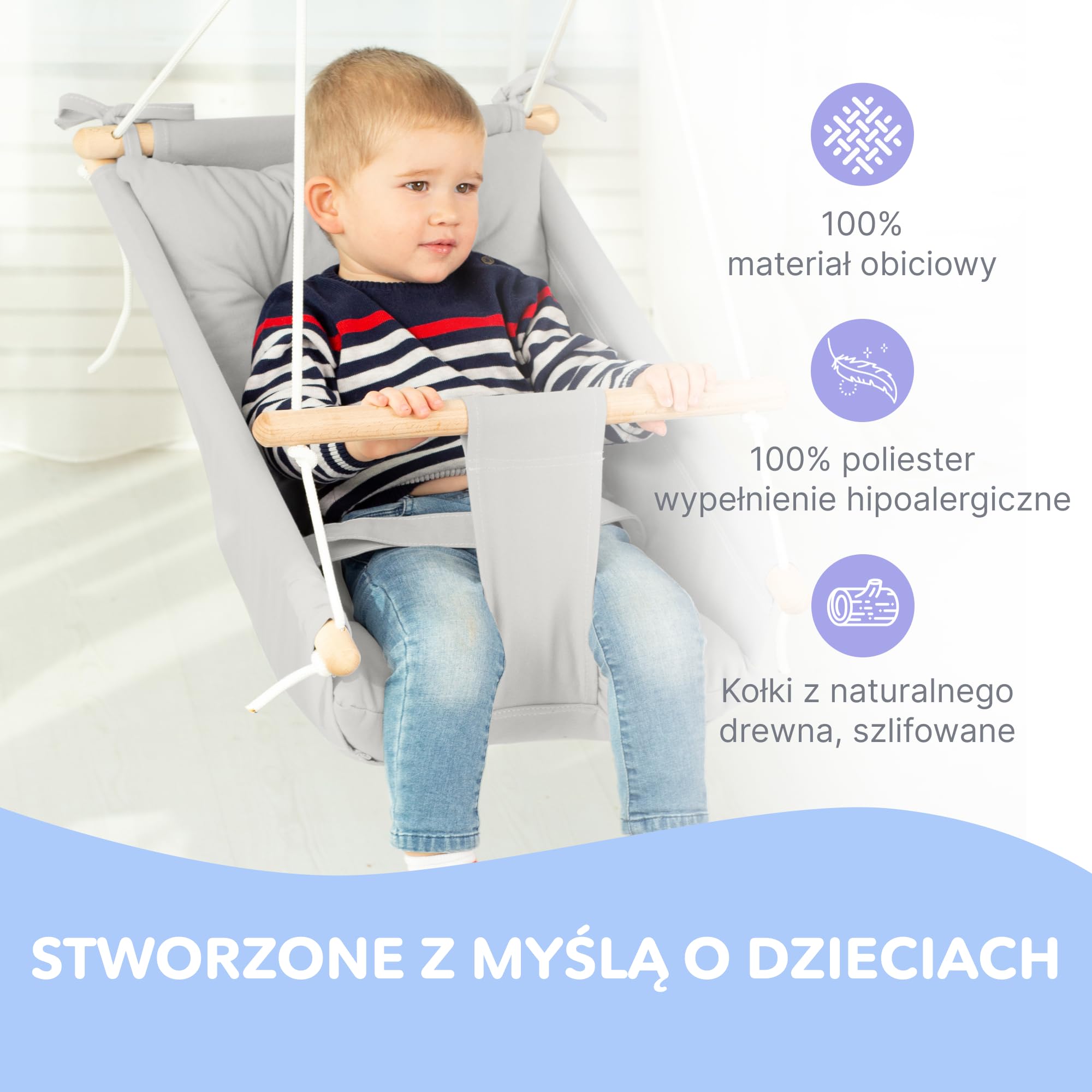 CaTeam Płócienna huśtawka dla malucha – wiszące krzesło do użytku wewnątrz i na zewnątrz do patio i pokoju zabaw z pasem bezpieczeństwa – drewniane siedzisko dla niemowląt dla dzieci w wieku od 12