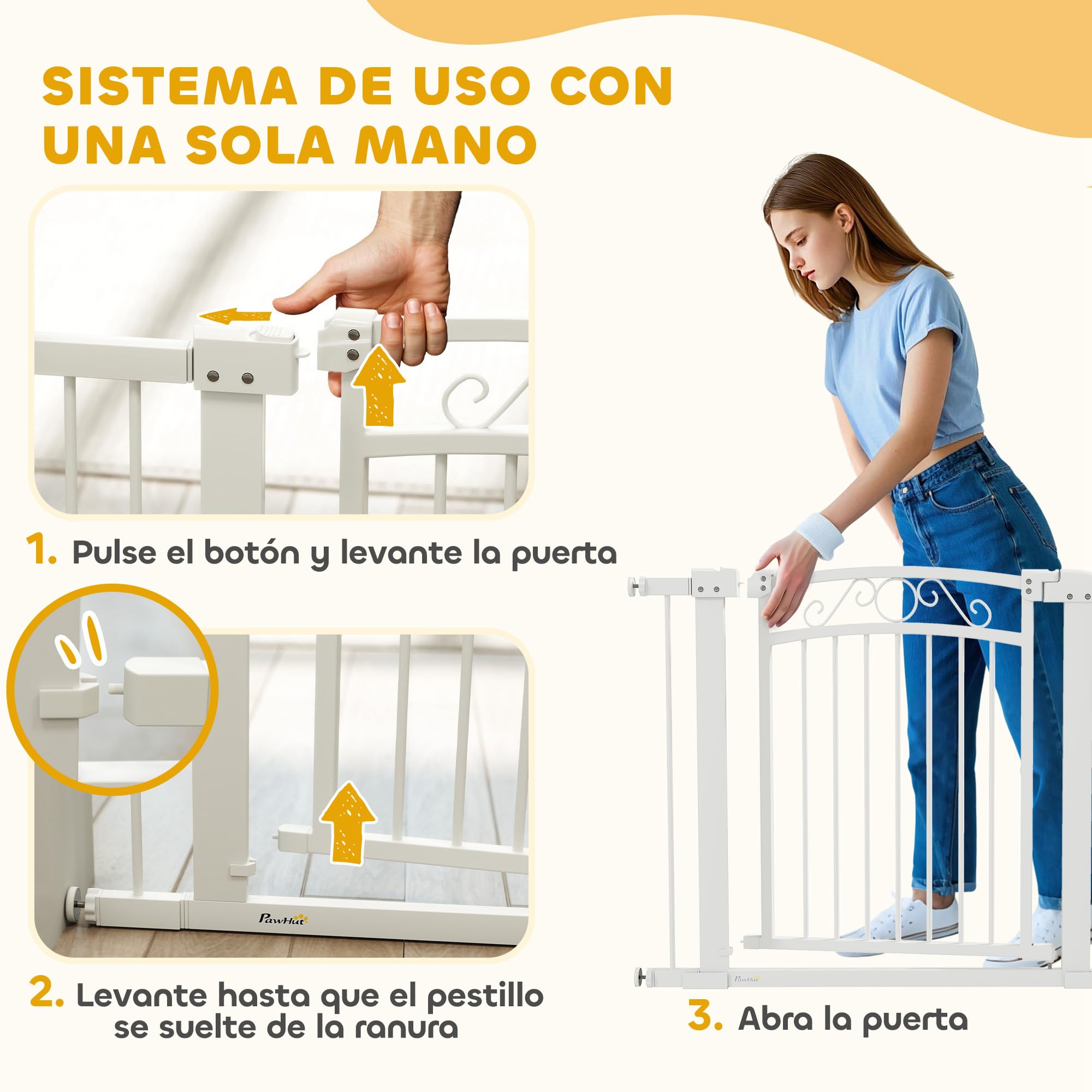 PawHut Barrera para Perros con Cierre Automático, Puerta para Perros 76-104 cm, Barrera de Seguridad con 2 Extensiones 7/14 cm, Fácil Montaje, Doble Bloqueo, para Escaleras y Puertas, Blanco