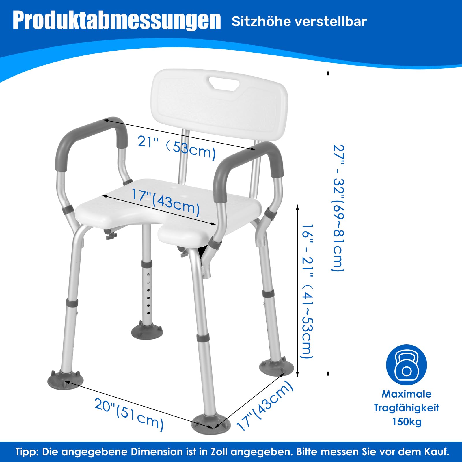 EasyVibe Duschstuhl für Senioren mit Saugnapf-Füßen, Duschhocker mit U-Ausschnitt, Badestuhl mit Armlehnen & Rückenlehne, 150kg Tragkraft, Werkzeugfreie Montage, Grau