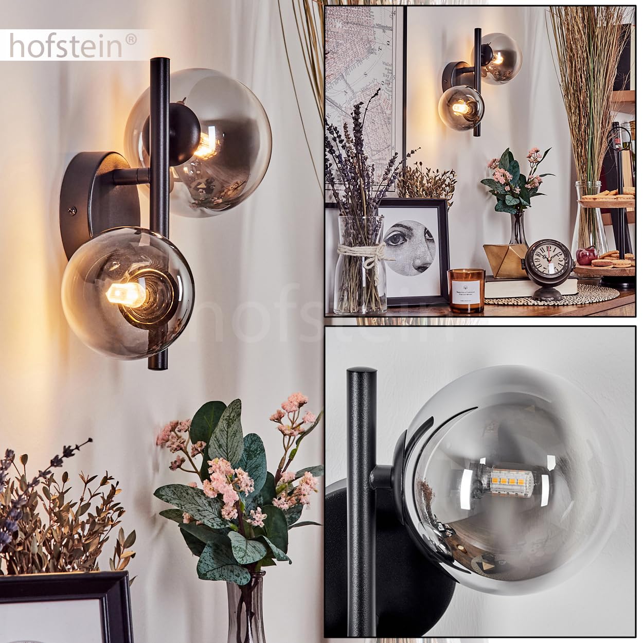 Wandleuchte Chehalis, moderne Wandlampe aus Metall/Glas in Schwarz/Rauchfarben/Klar, Leuchte im Retro/Vintage-Design mit Schirmen aus Glas (Ø 10 cm, 12cm), 2 x G9, ohne Leuchtmittel