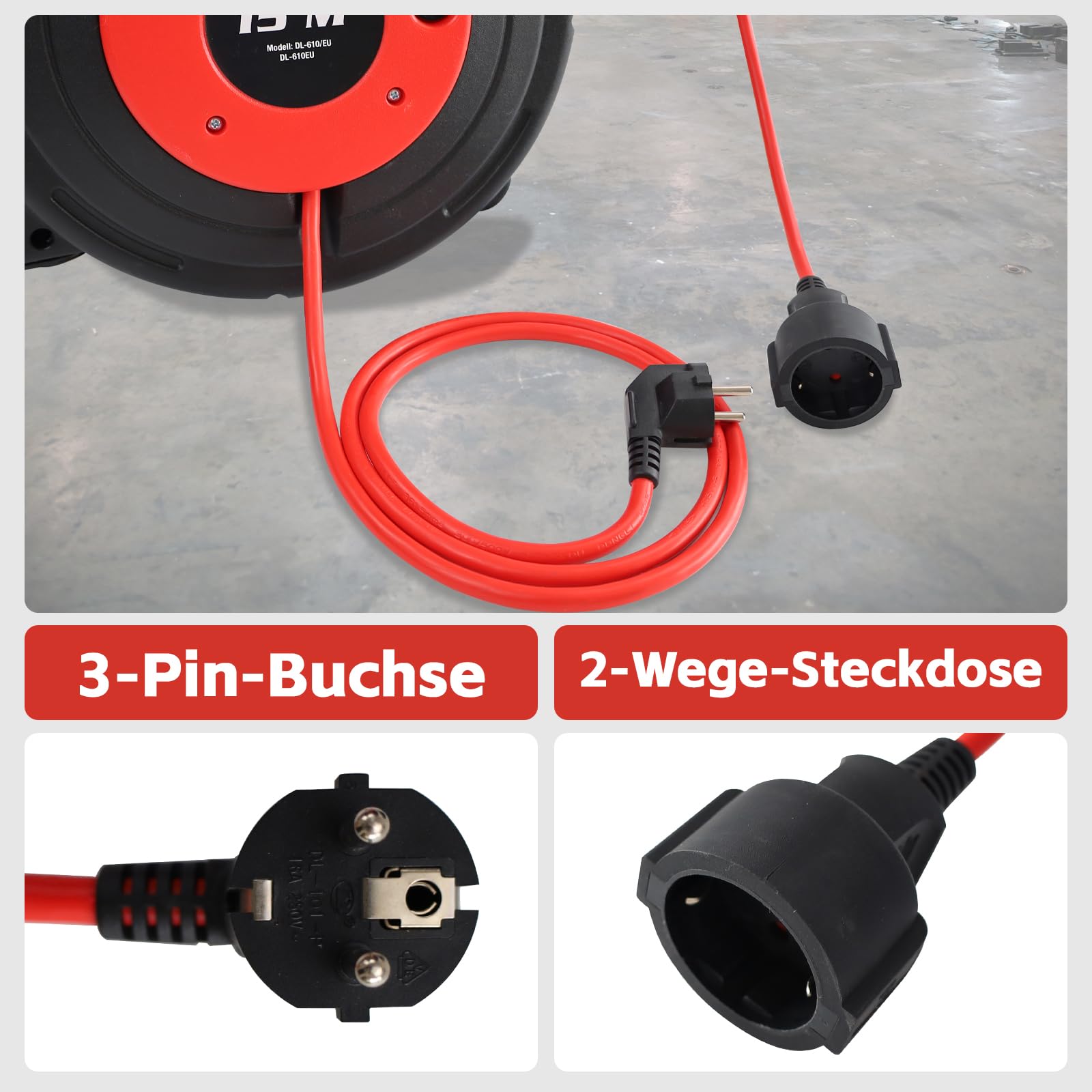 Avvolgicavo 15 m + 2 m, 2300 W, cavo di prolunga montato a parete, avvolgimento automatico, rotazione di 180°, rilevamento TÜV, materiale di installazione incluso