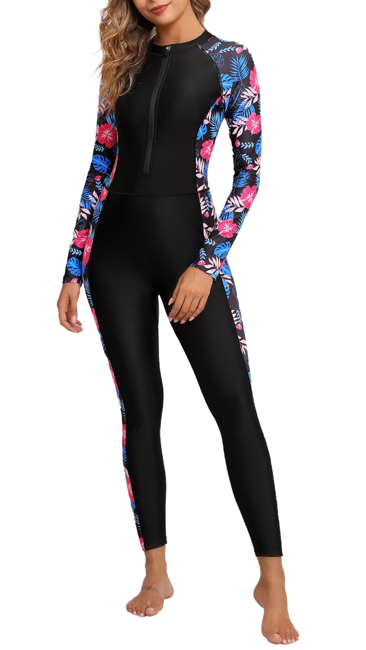 Women Zip Front Full Body Rash Guard with Built in Bra Swimsuits