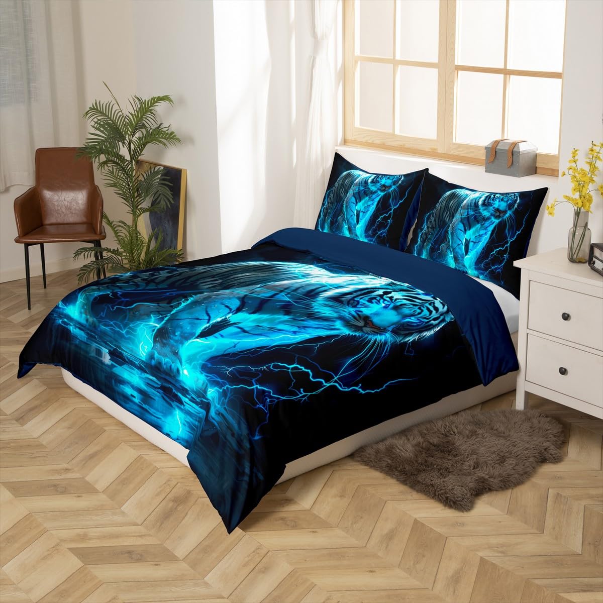Tiger Printed Duvet Cover Set Toddler Size,Blue Lightning Bedding Set for Kids Boys Girls Room Decor,Tiger Lightning Comforter Cover,Wild Animals Quilt Cover with 1 Pillowcase(No Comforter)