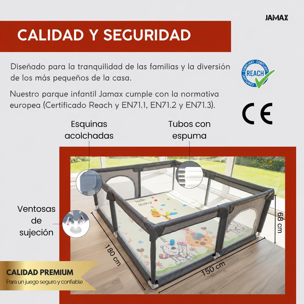 Parque Infantil Bebe JAMAX | Corralito bebe | Parque bebe Alfombra Acolchada Reversible 1,5 cm de Grosor + 6 Pelotas Sensoriales + Libro Sensorial + Bolsa transporte (150x180 Libro Sensorial)