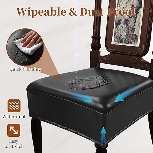 Miniatura 4 de Juego de 6 fundas de asiento impermeables para sillas de comedor, fundas de asiento de cocina de cuero, resistentes a las manchas, fundas elásticas