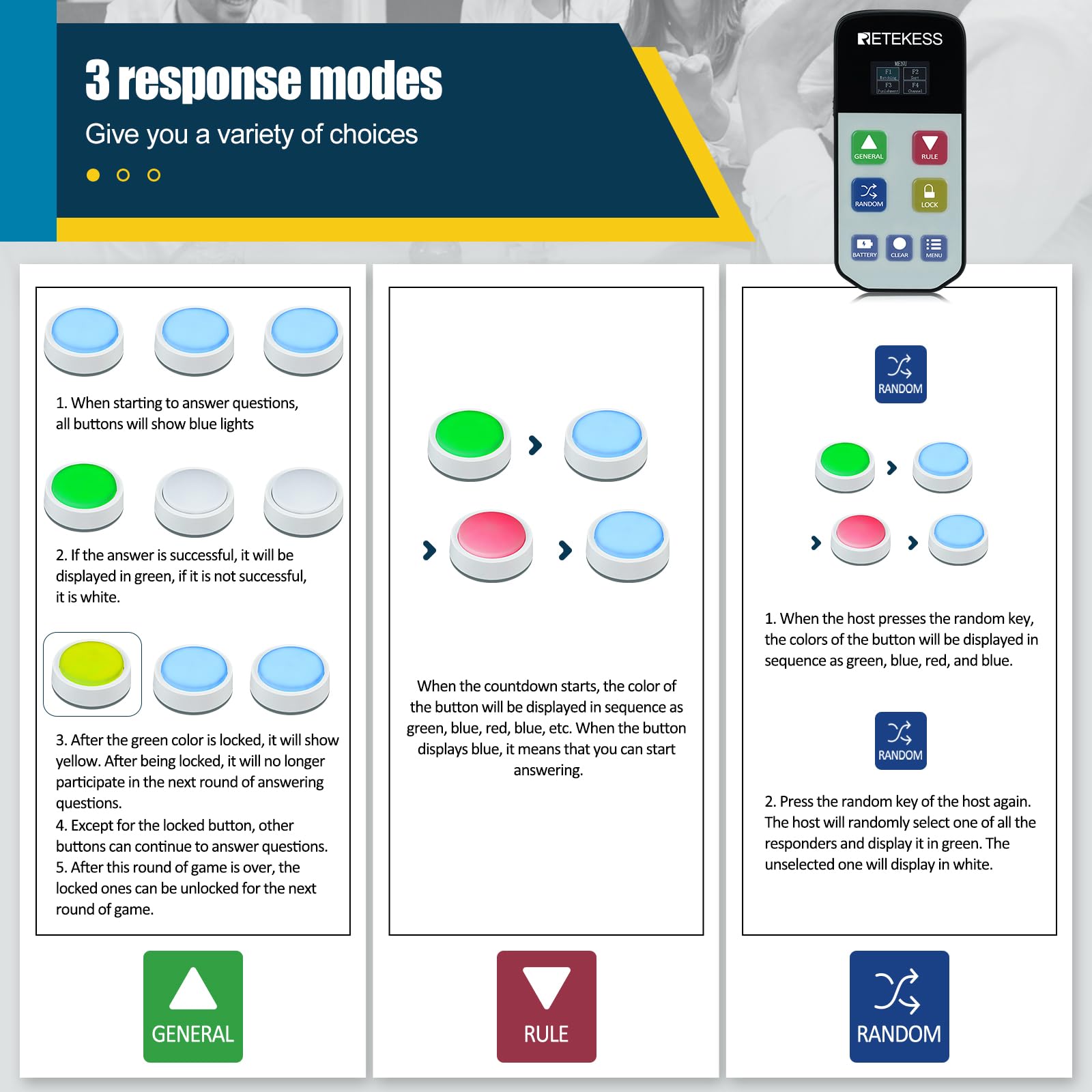 Retekess TM102 Wireless Quiz Buzzer System, Buzzer mit Sound（1-4） | für Schulklassenwettbewerbe, für Quiztests, 3 Reaktionsmodi, Countdown Modus, Zufallsmodus, Batteriewarnung