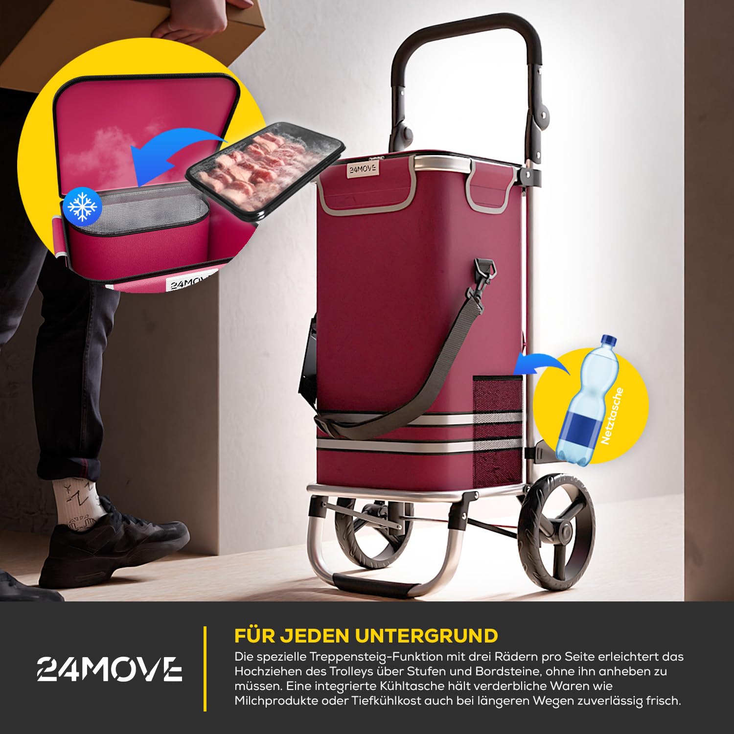 24MOVE® Einkaufstrolley Vehlo klappbar mit 55L inkl. Kühlfach, Faltbarer 3in1 Trolley - Sackkarre und Tasche, bis 30kg belastbar, rot