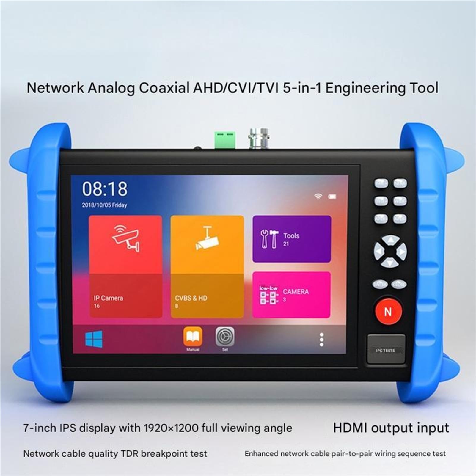 Tester per analizzatori CCTV Tester for telecamere IP IPCXS-ACHT 5 in 1 Test video di rete/analogico/coassiale AHD/CVI/TVI Uscita HDMI con touch screen/display LCD