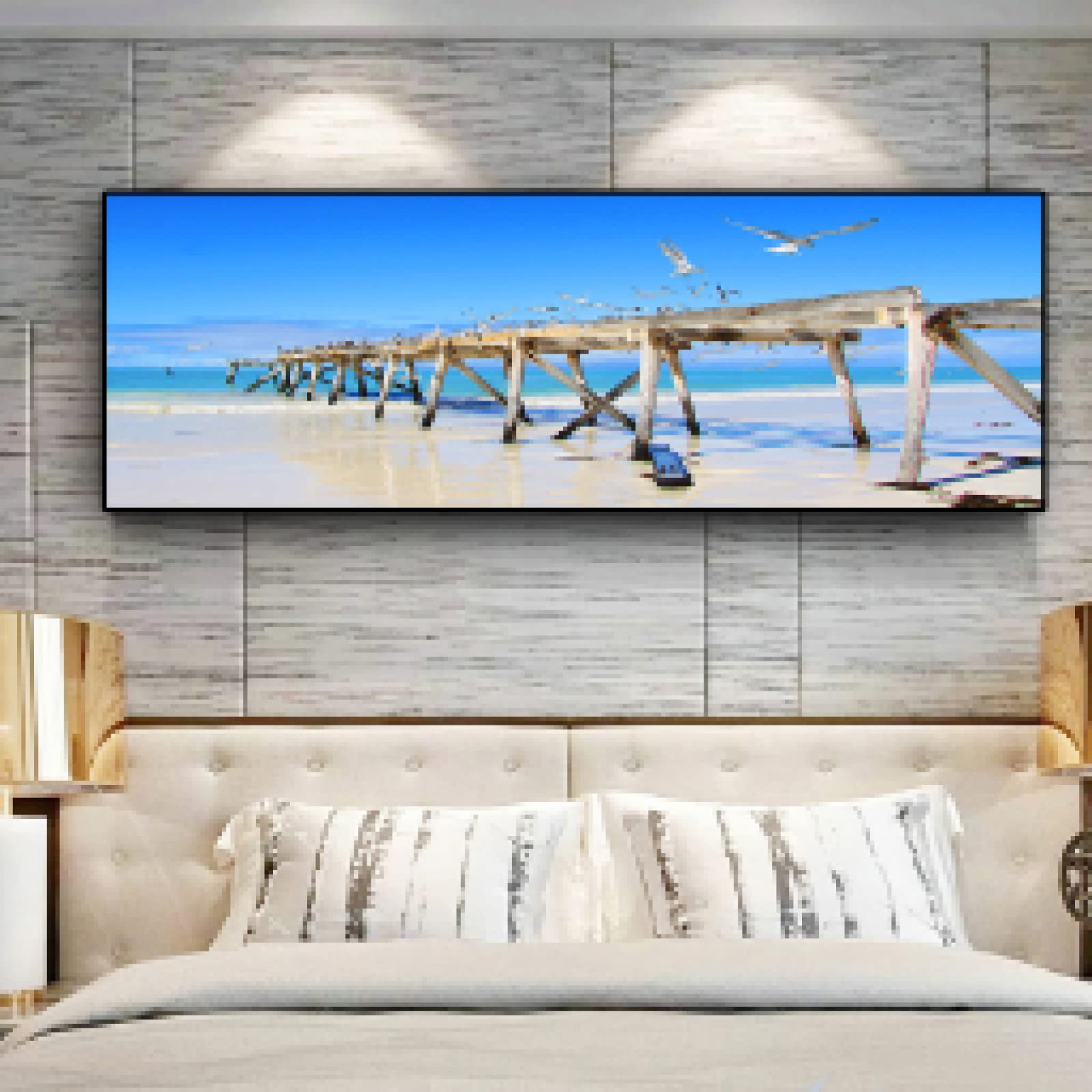 Natura Oceano Mare Onde Uccelli Marini Cielo Nuvole Paesaggio Panoramico Tela Pittura Poster e Stampe Tela Wall Art Picture 50x150cm Senza Cornice