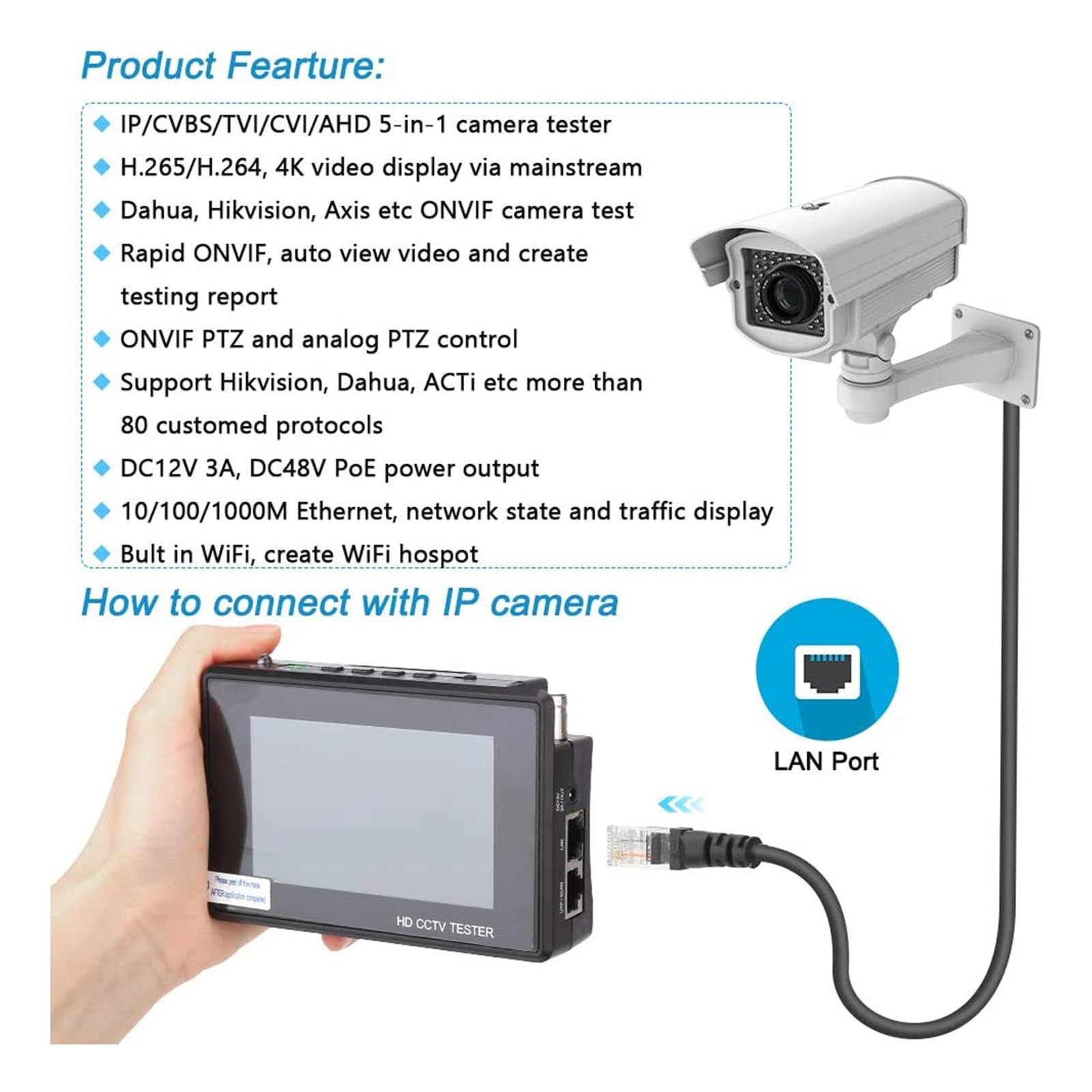 Tester for Telecamera CCTV IP analogico 5-in-1 TVI AHD CVI Tester di Sicurezza della Batteria Integrato Test Video PTZ 4K