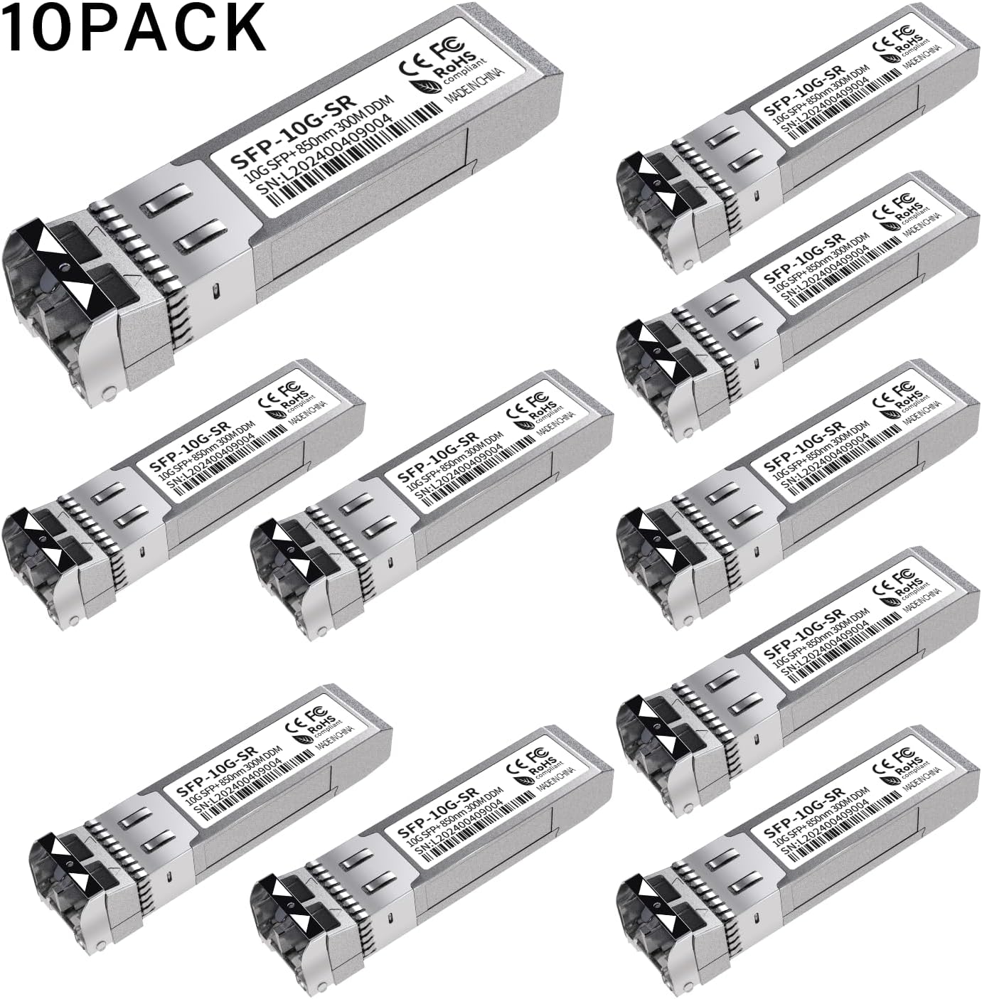 10Pack 10G SFP+ LC Module, 10GBase-SR Multi-Mode Ethernet Transceiver, 850nm MMF up to 400m – Compatible with Cisco, Meraki, Ubiquiti, Mikrotik, Netgear, HPE, TP-Link, Aruba and More