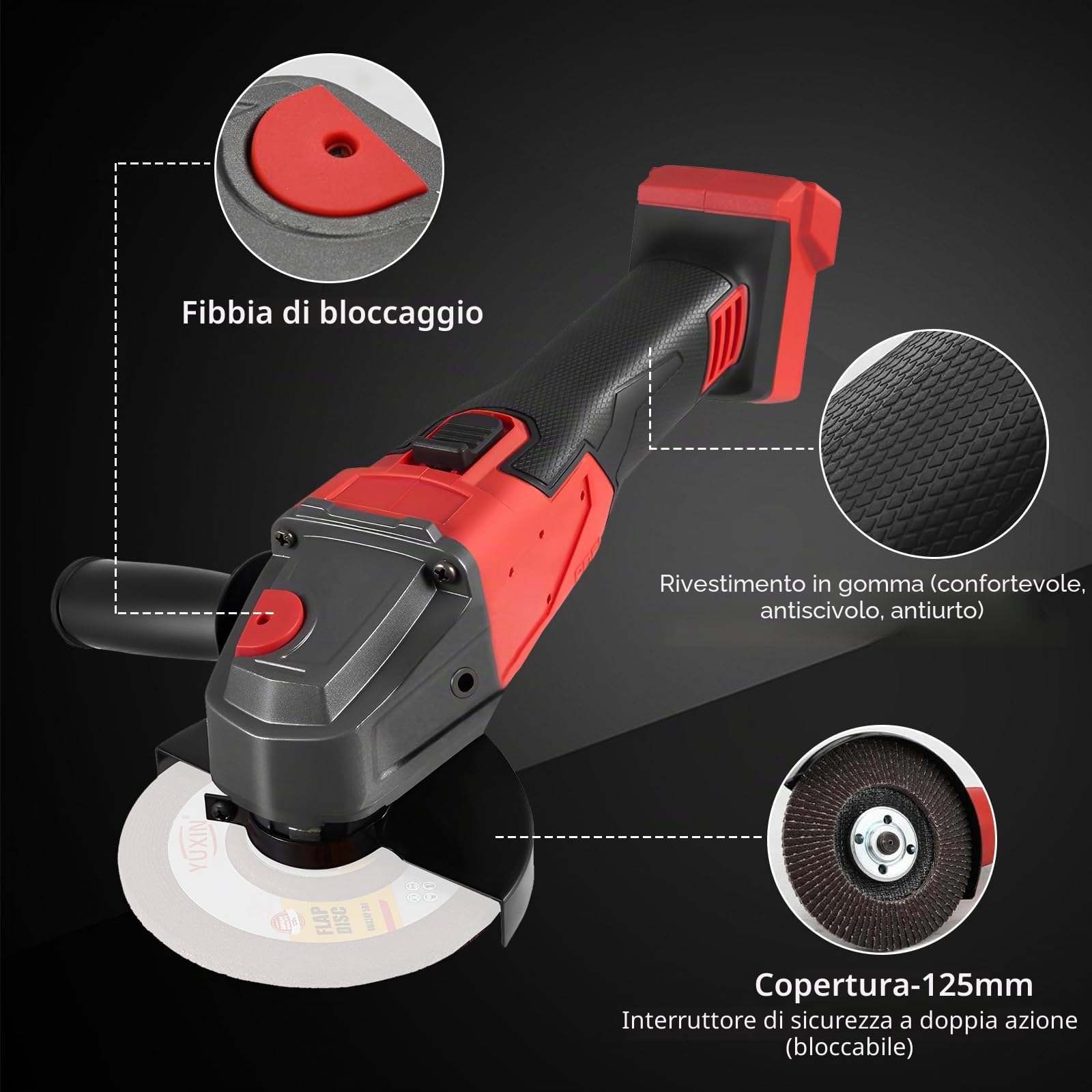 Smerigliatrice Angolare a Batteria Compatibile con Milwaukee 18V | 12000 giri/min, smerigliatrice angolare a batteria, diametro disco 125 mm, profondità di taglio 22 mm