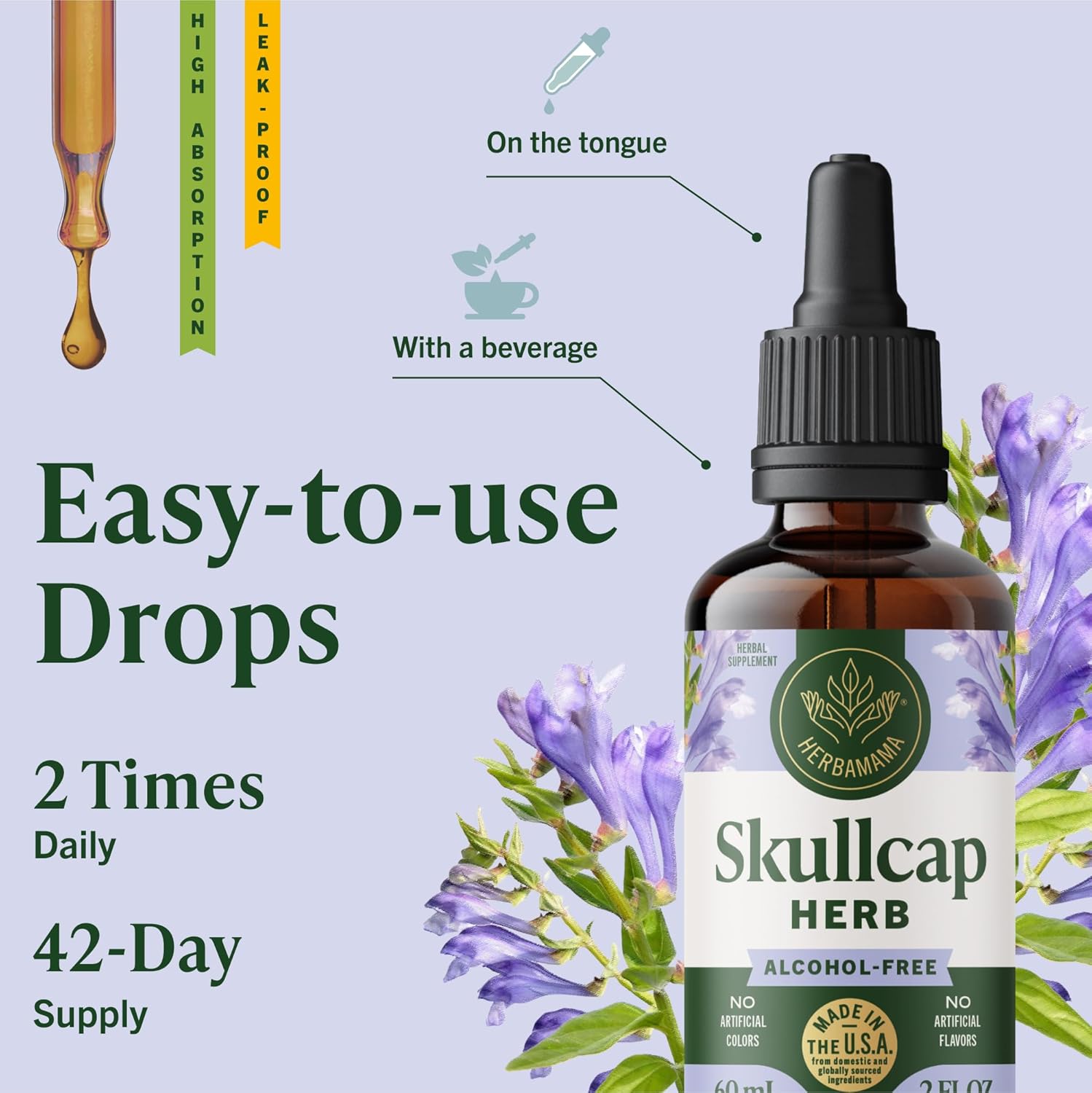 HERBAMAMA Skullcap Herb Tincture - Vegan Mood Support & Relaxation with Skullcap Extract Drops - Non-GMO, Alcohol & Sugar-Free Liquid Calming Supplement, 42-Day Supply - Image 6