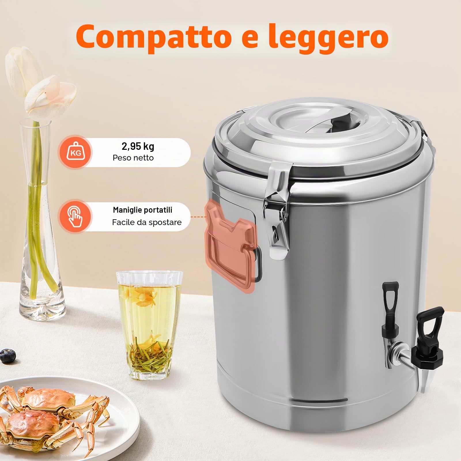 Contenitore Termico da Trasporto 14L per Cibo e Bevande, Contenitore per Alimenti in Acciaio Inox con Rubinetto, Maniglia, Coperchio, Fibbie, fino a 8 Ore di Mantenimento della Temperatura