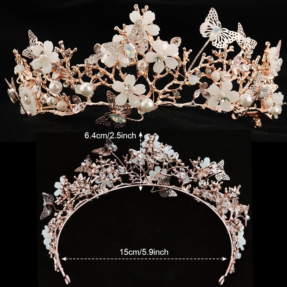 1 Pack Bride Wedding Butterfly Flower Crowns and Tiaras Baroque Queen Crown Bridal Butterfly Tiara Crystal Bridal Headpiece Prom Costume Party Hair Accessory for Women and Girls - Image 5