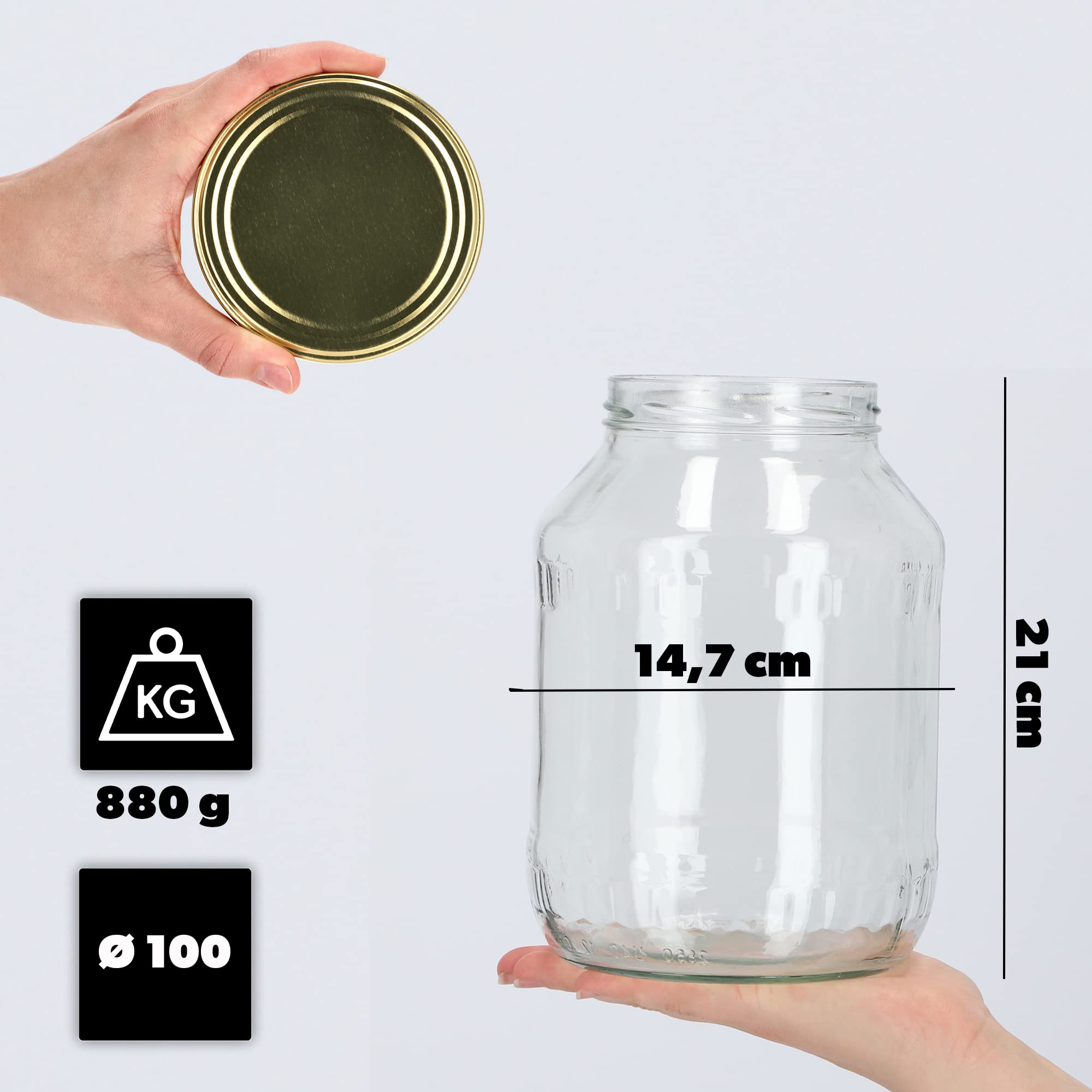 KADAX Tarros de cristal de 2,5 L, para conservas, fi100 mm, tarros de conserva, tarros de pepino, tarros redondos, tarros de conservas (12 unidades, tapas doradas)