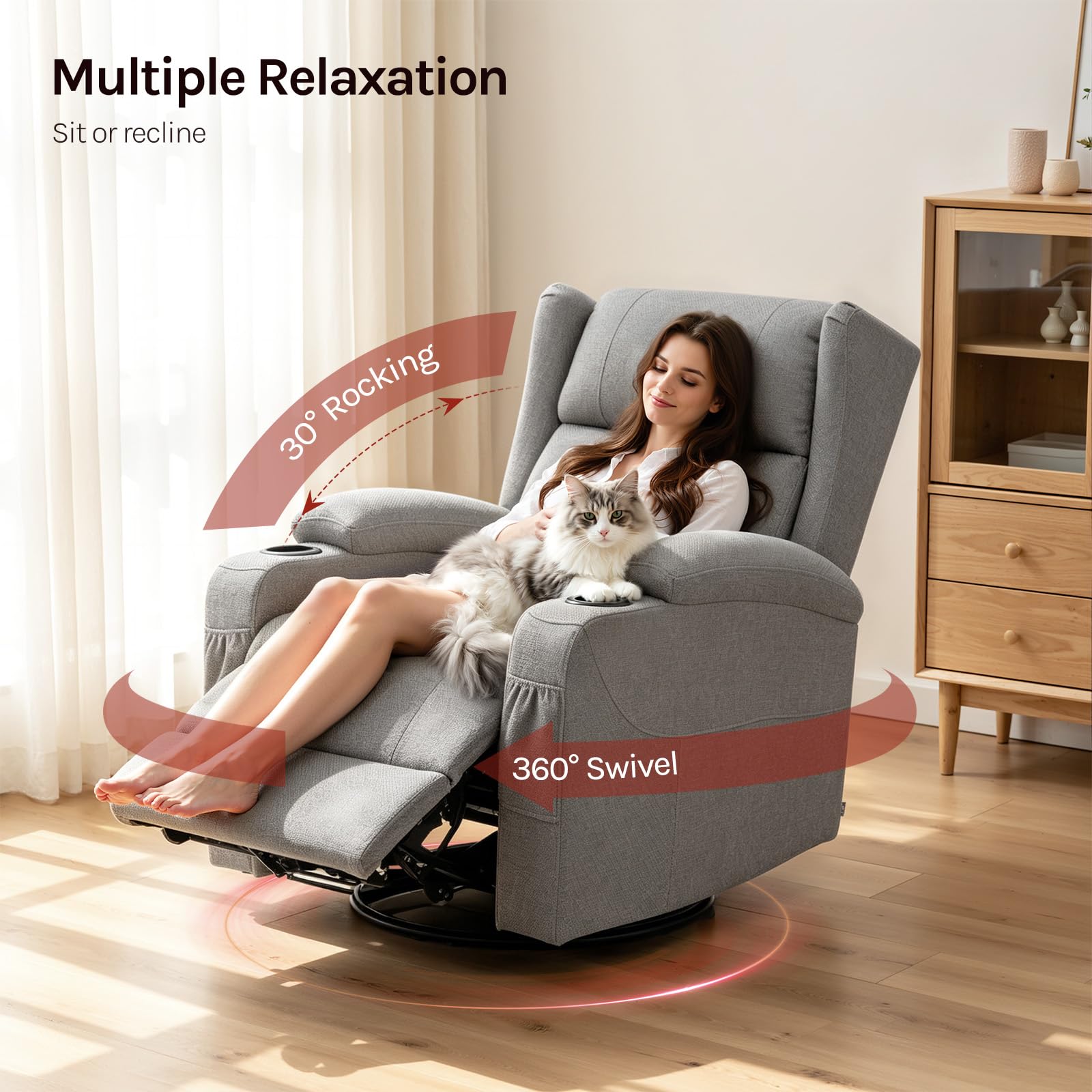 WOLTU Poltrona Relax con Schienale e Poggiapiedi Regolabili, Poltrona Girevole 360° con Funzione Dondolo, Tasche e Portabicchieri, per Soggiorno, Camera da Letto, Portata 150 kg, Effetto Lino, Grigio