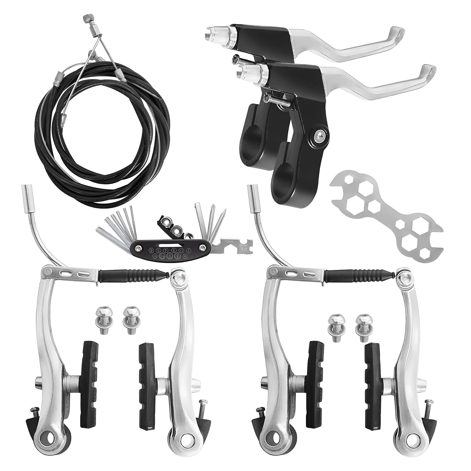 TINGSING Bike Brake Set V-Type Front and Rear Bicycle Brakes MTB Brake Lever Inner and Outer Cables Kit with Multi-Tool Wrenches, Callipers Cables Lever Kit for Kids Bike, BMX, MTB, Road Bike,Sliver