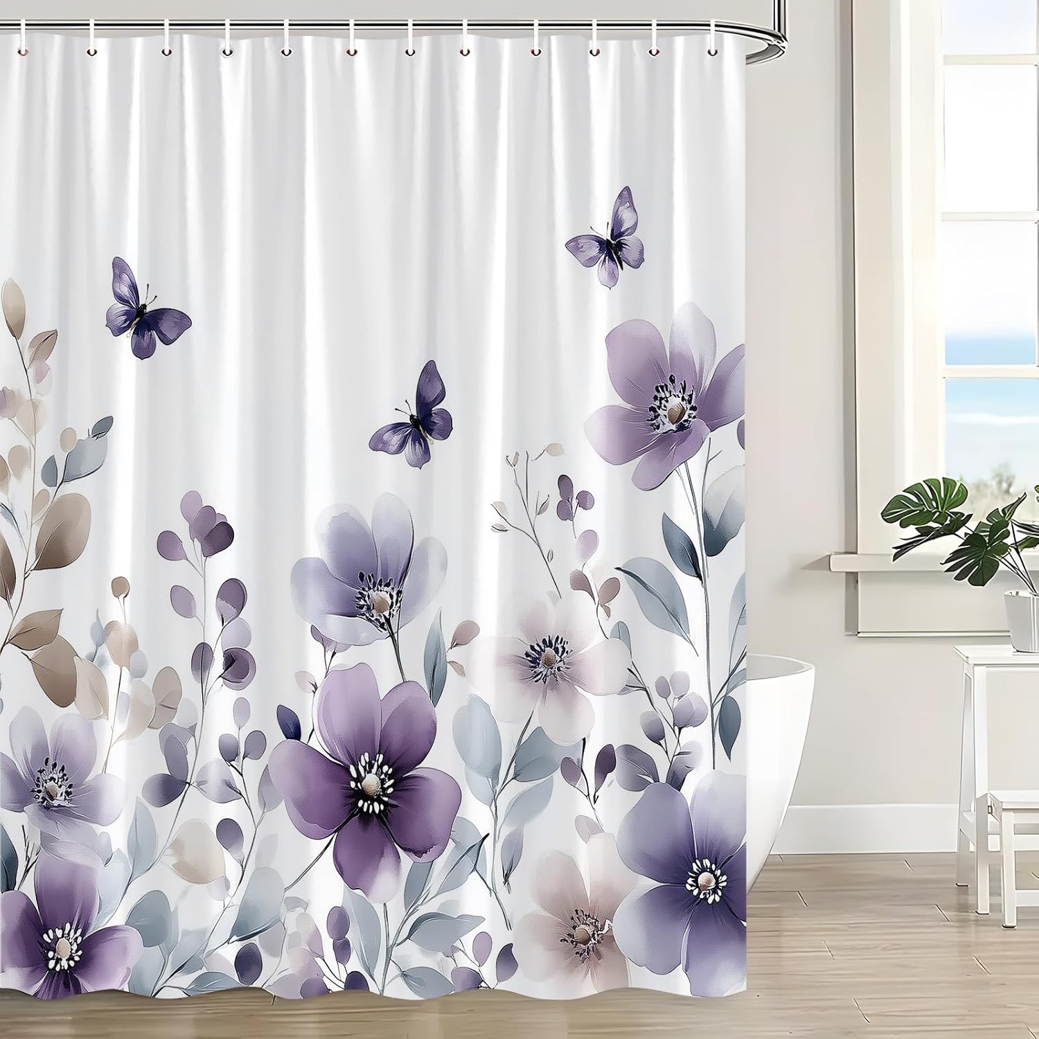 Purple Floral Shower Curtain Watercolor Lilac Flower Butterfly Boho Lavender Cute Wildflower Modern Botanical Elegant Bath Decor Curtain with Hooks, 70x78 Inch
