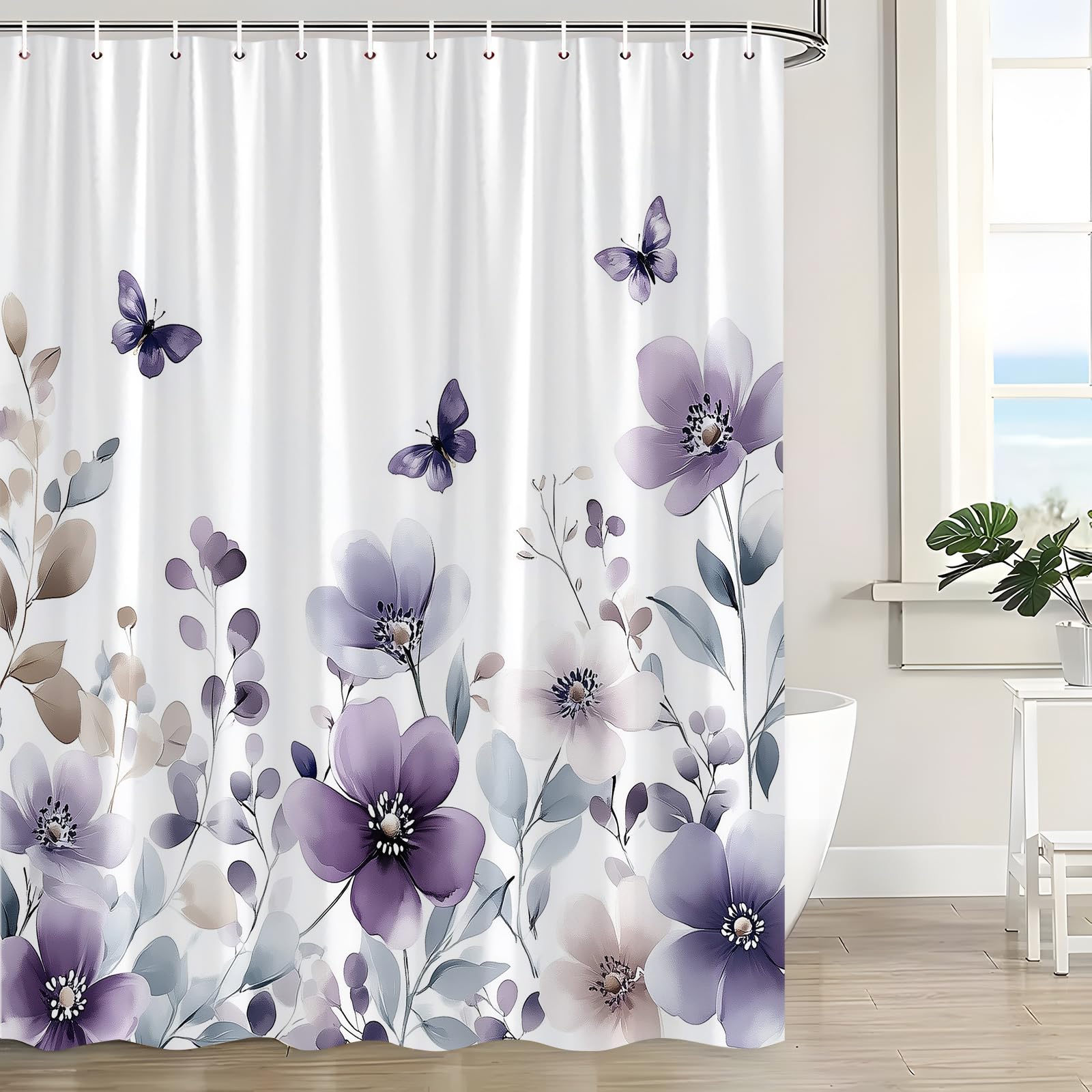 CWHCWA Purple Floral Shower Curtain Watercolor Lilac Flower Butterfly Boho Lavender Cute Wildflower Modern Botanical Elegant Bath Decor Curtain with