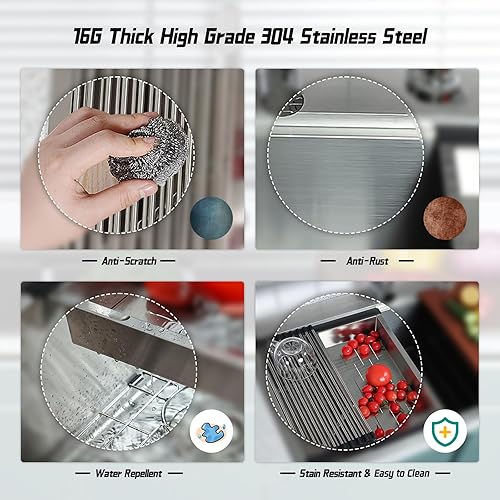 Miniatura 5 de Tysun Fregadero de cocina de montaje inferior de 32 x 19 pulgadas, fregadero de cocina de 32 pulgadas, calibre 16, acero inoxidable de 10 pulgadas